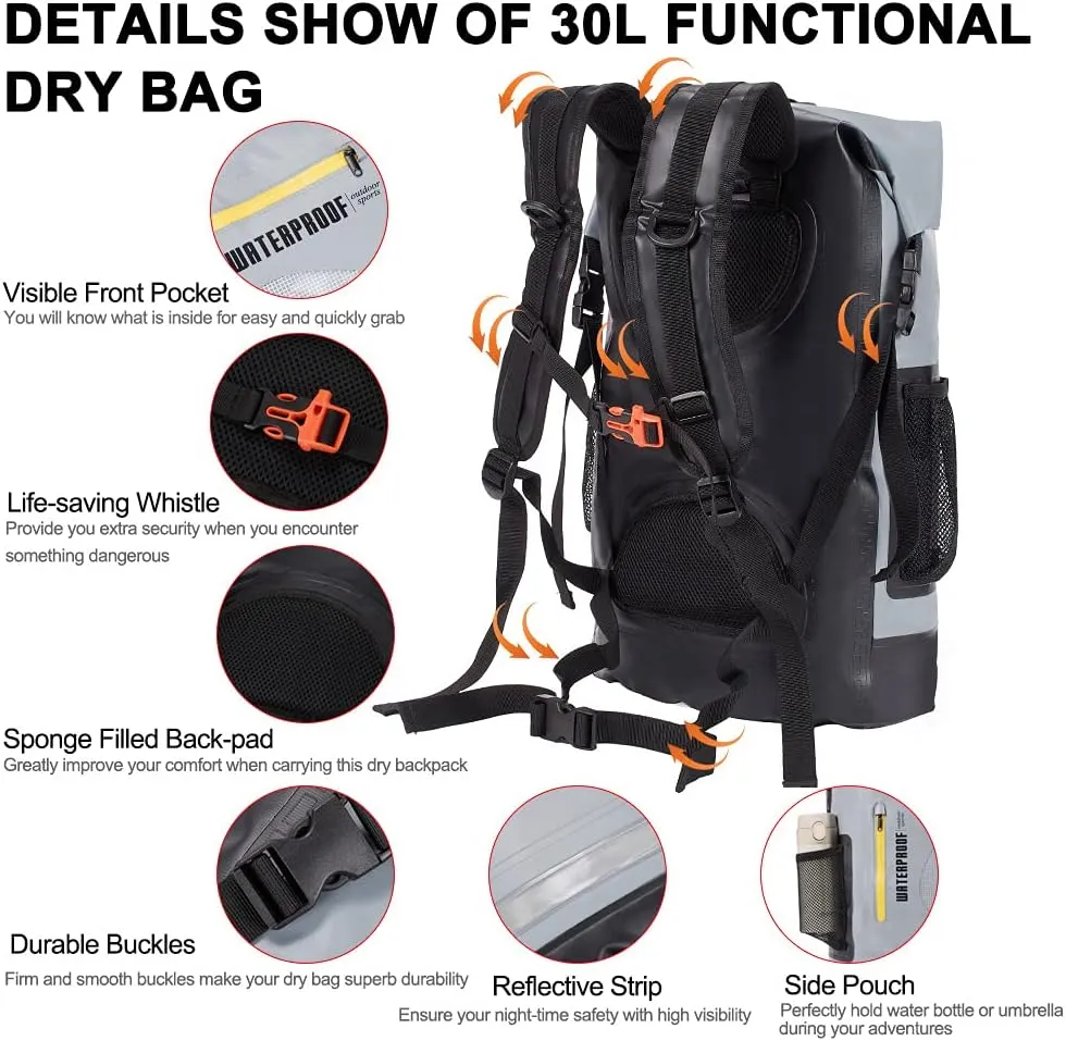 Blueshyhall 30L Waterproof Dry Backpack, Outdoor Travel Roll Top Closure Water Repellent Duffle Storage Sack for Kayaking Rafting Boating Fishing Camping and Beach - Grey
