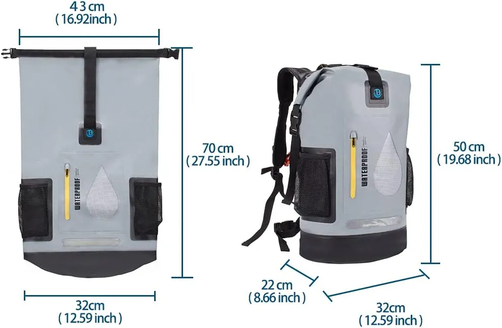 Blueshyhall 30L Waterproof Dry Backpack, Outdoor Travel Roll Top Closure Water Repellent Duffle Storage Sack for Kayaking Rafting Boating Fishing Camping and Beach - Grey