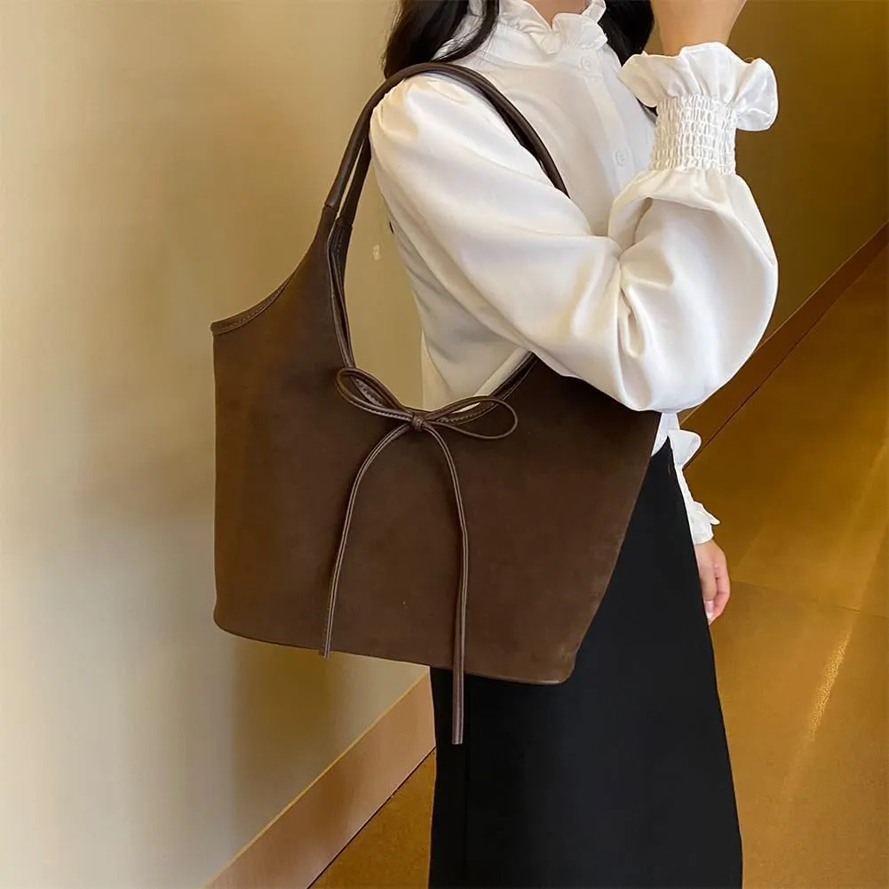 Bow Suede Tote Bag for Women - Brown Burgundy Work Hobo Handbags with Bow