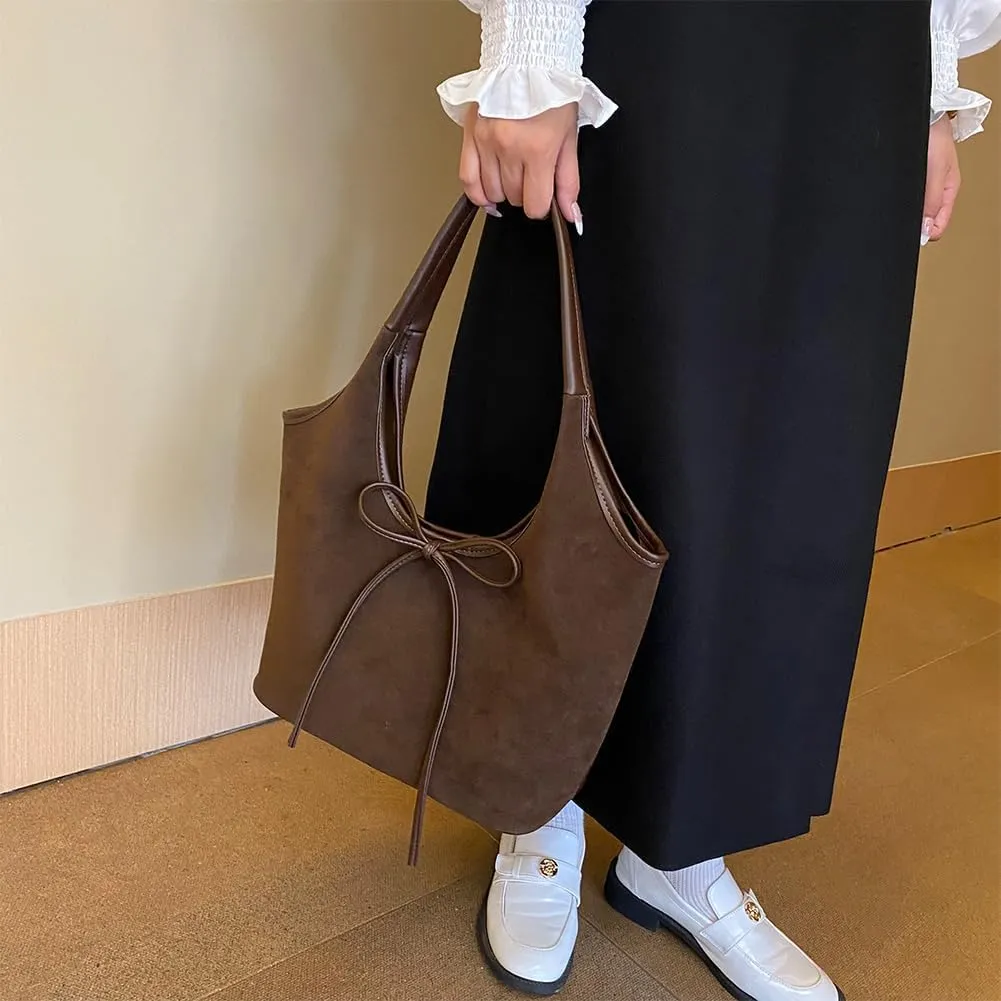 Bow Suede Tote Bag for Women - Brown Burgundy Work Hobo Handbags with Bow