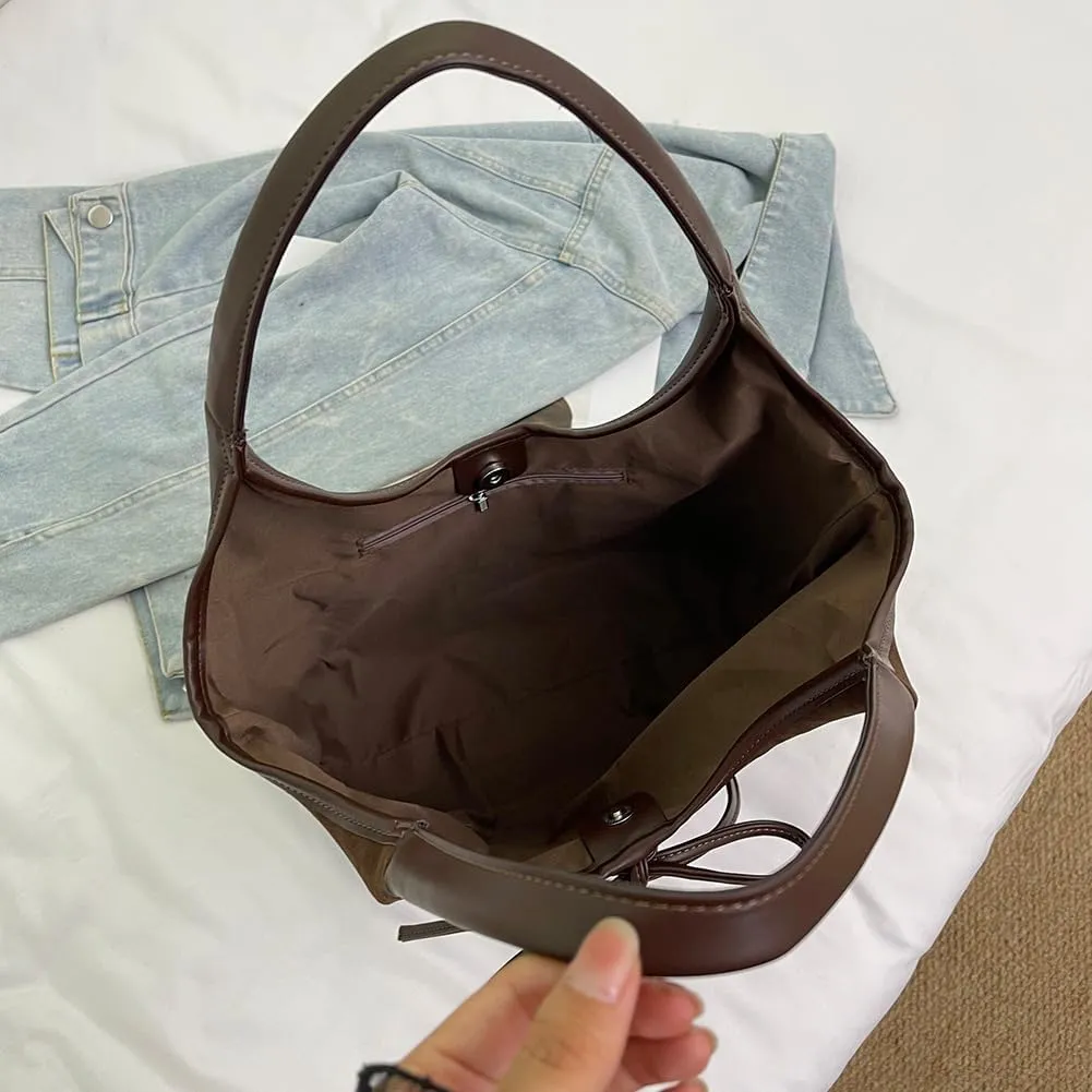 Bow Suede Tote Bag for Women - Brown Burgundy Work Hobo Handbags with Bow