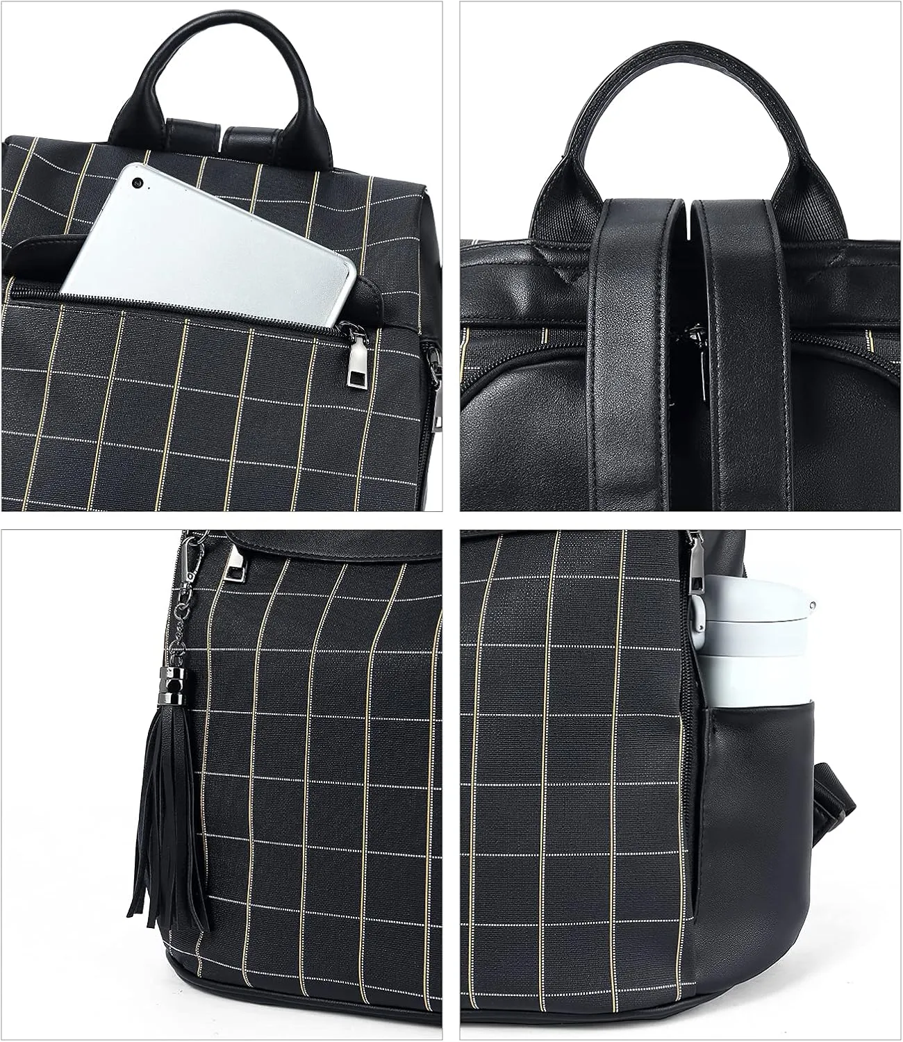 BROMEN Backpack Purse for Women Leather Anti Theft Travel Fashion Shoulder Bag Balck Plaid