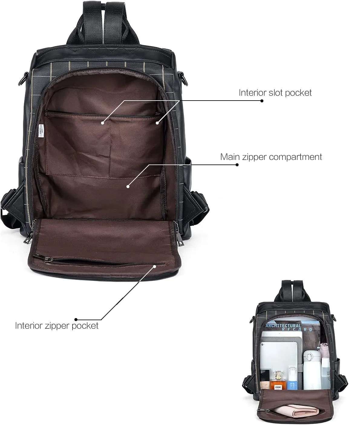 BROMEN Backpack Purse for Women Leather Anti Theft Travel Fashion Shoulder Bag Balck Plaid