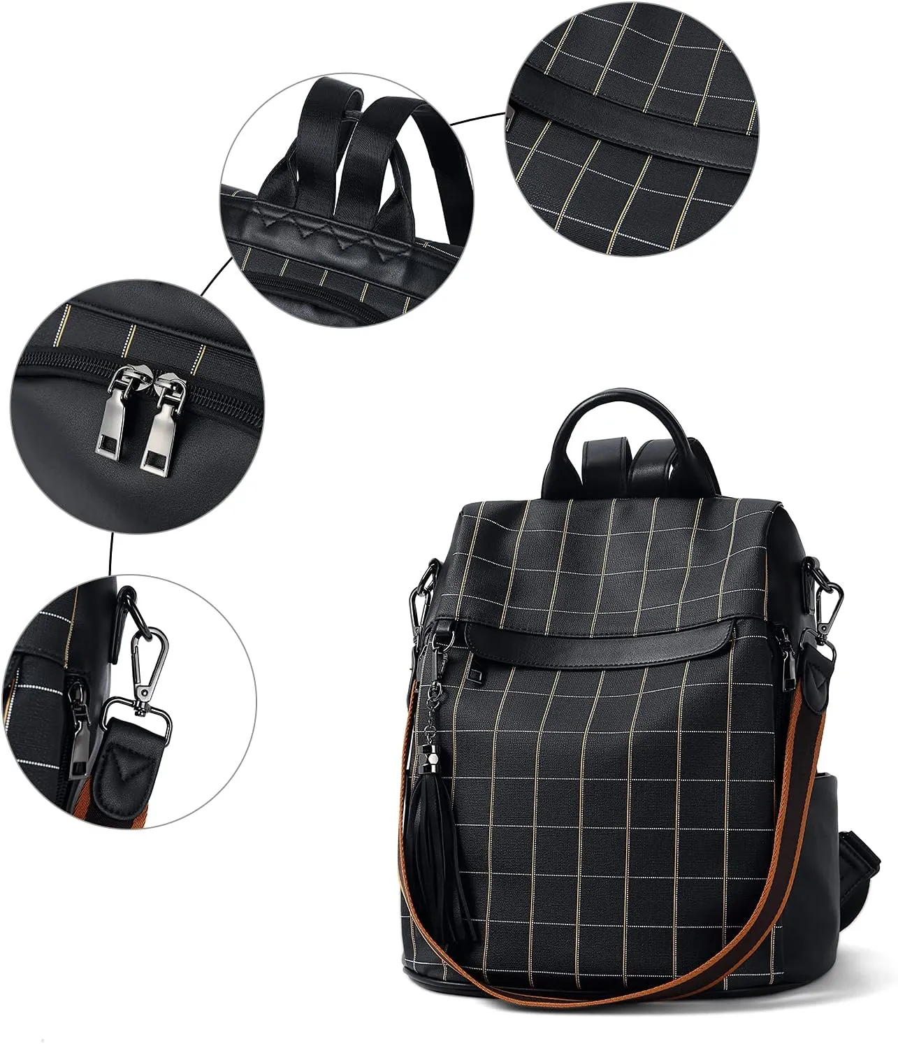 BROMEN Backpack Purse for Women Leather Anti Theft Travel Fashion Shoulder Bag Balck Plaid
