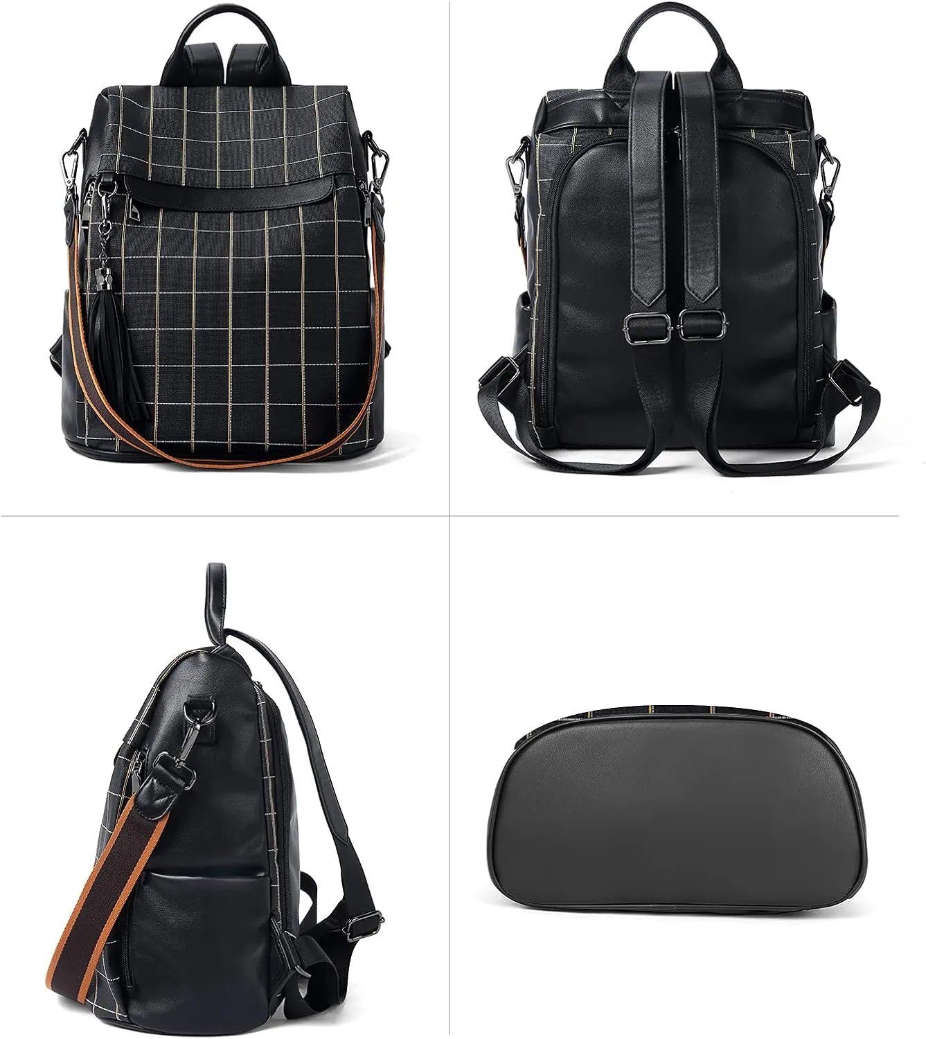 BROMEN Backpack Purse for Women Leather Anti Theft Travel Fashion Shoulder Bag Balck Plaid