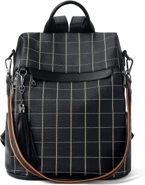BROMEN Backpack Purse for Women Leather Anti Theft Travel Fashion Shoulder Bag Balck Plaid