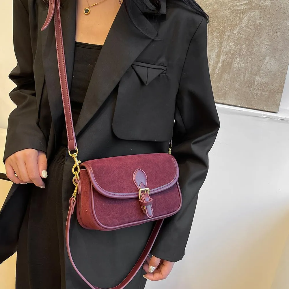 Brown Suede Crossbody Bag - Trendy Satchel Purse for Women - Burgundy Wine Color - Fall