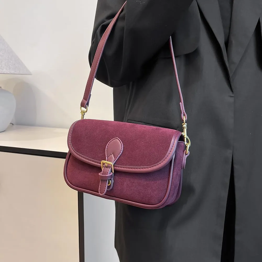 Brown Suede Crossbody Bag - Trendy Satchel Purse for Women - Burgundy Wine Color - Fall