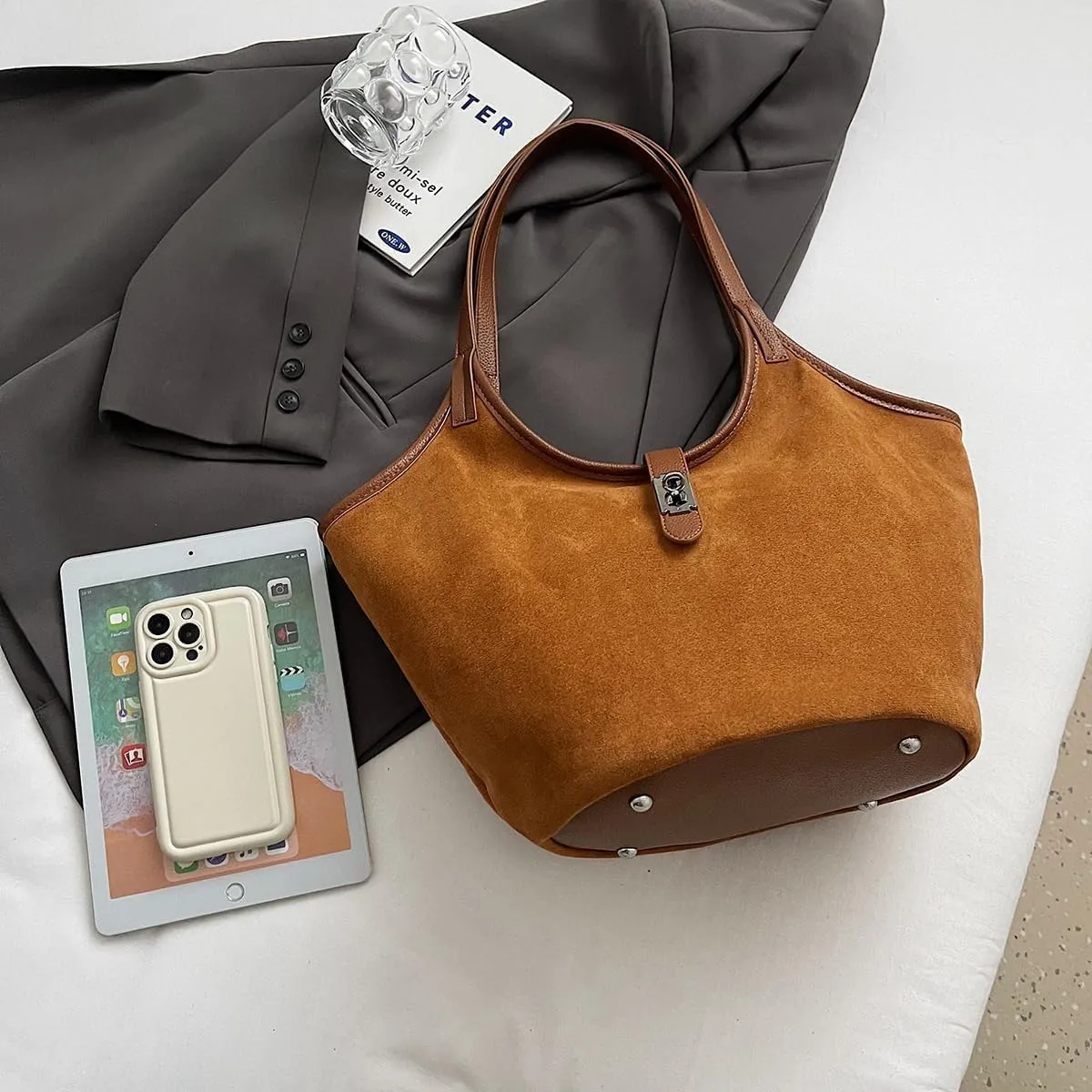Brown Suede Tote Bag for Women Trendy Hobo Bag Bucket Tote Bag Work Hobo Handbags