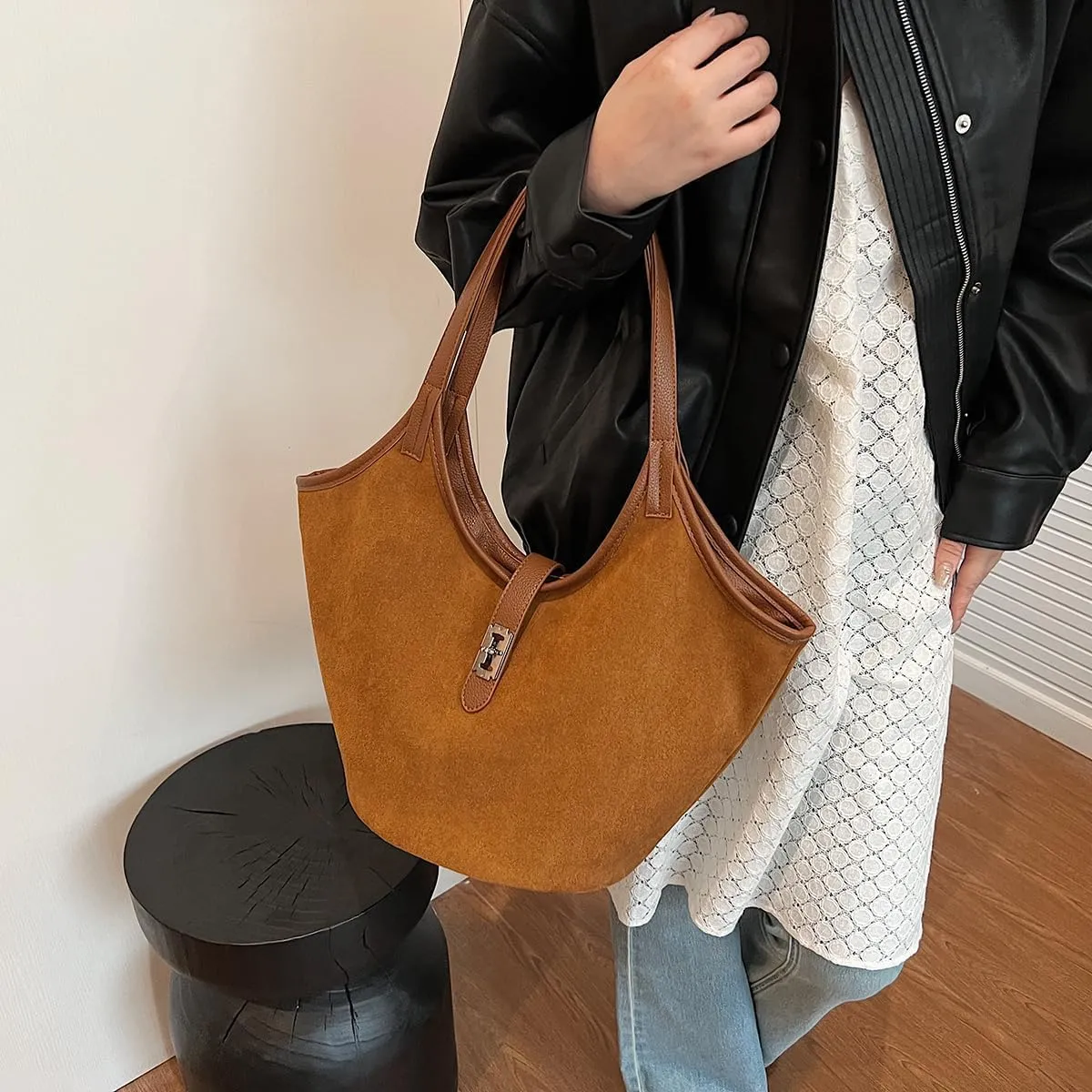 Brown Suede Tote Bag for Women Trendy Hobo Bag Bucket Tote Bag Work Hobo Handbags