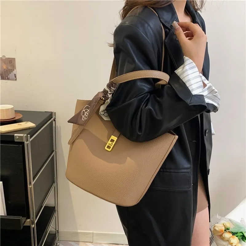 Bucket Bag for Women,Trendy Vintage Shoulde Tote Vegan Leather Handbag Designer Scoop Neck Hobo Purse with Silk/Pouch