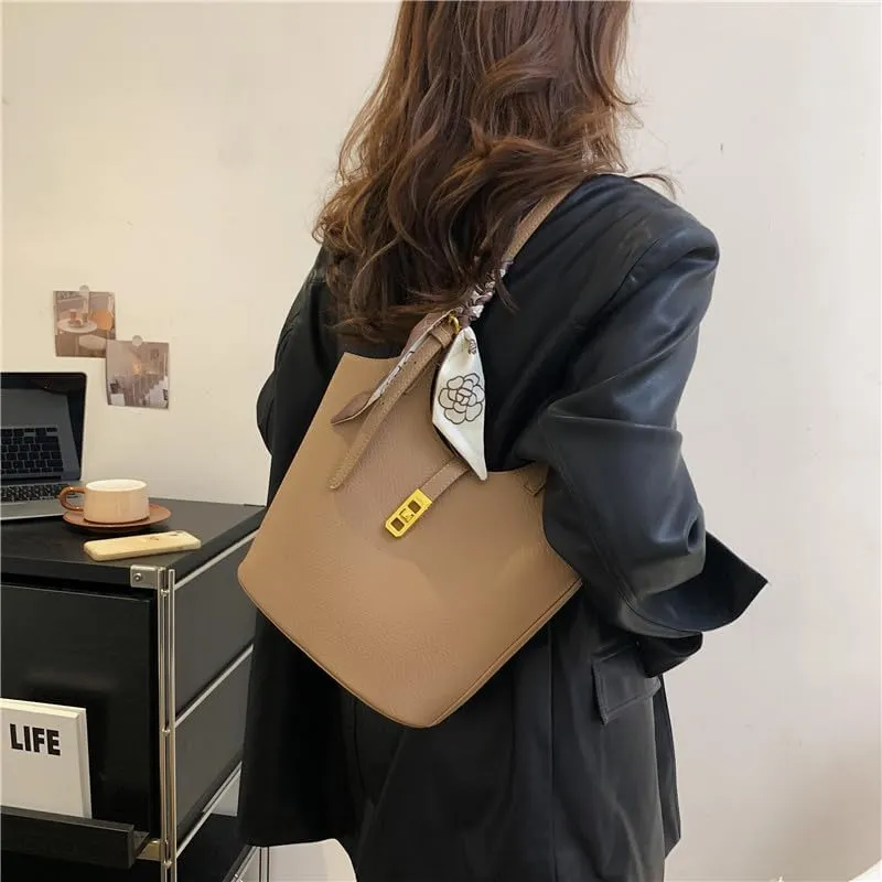 Bucket Bag for Women,Trendy Vintage Shoulde Tote Vegan Leather Handbag Designer Scoop Neck Hobo Purse with Silk/Pouch