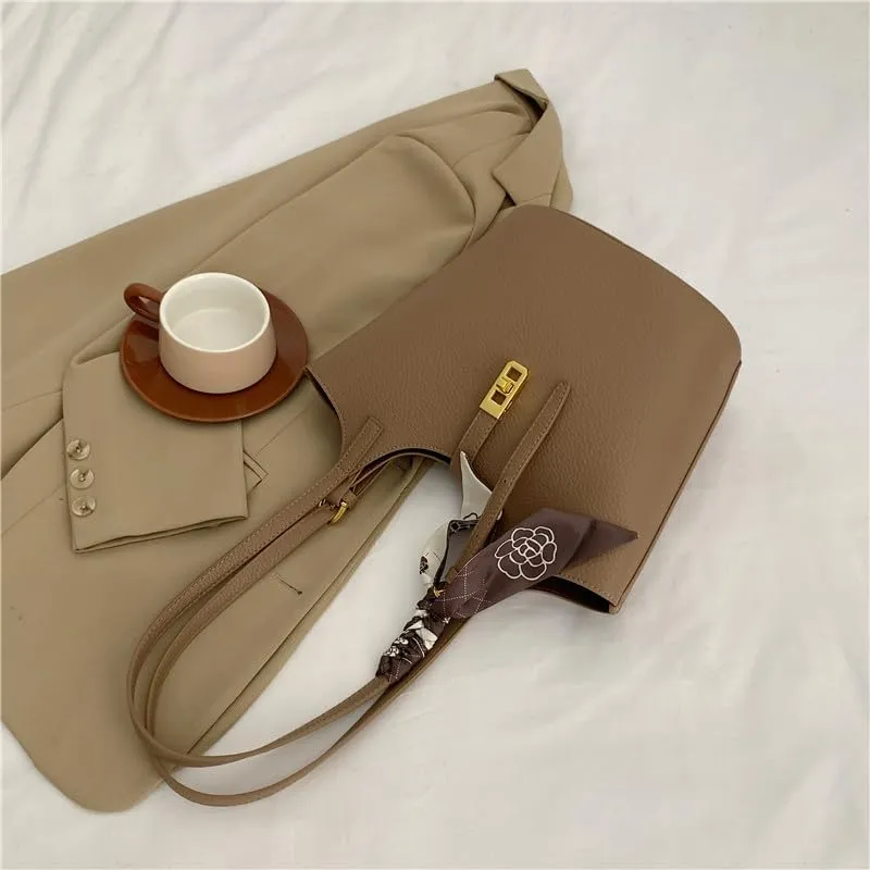 Bucket Bag for Women,Trendy Vintage Shoulde Tote Vegan Leather Handbag Designer Scoop Neck Hobo Purse with Silk/Pouch
