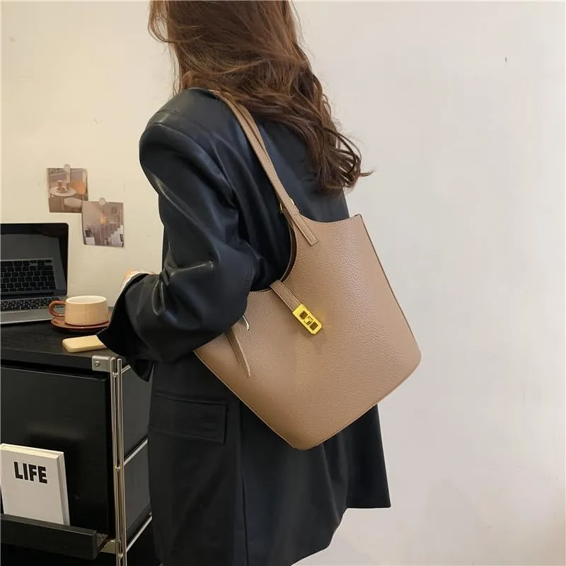 Bucket Bag for Women,Trendy Vintage Shoulde Tote Vegan Leather Handbag Designer Scoop Neck Hobo Purse with Silk/Pouch