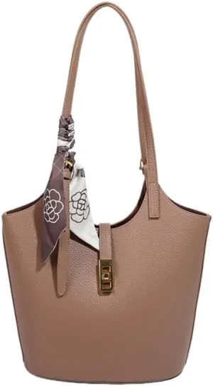 Bucket Bag for Women,Trendy Vintage Shoulde Tote Vegan Leather Handbag Designer Scoop Neck Hobo Purse with Silk/Pouch