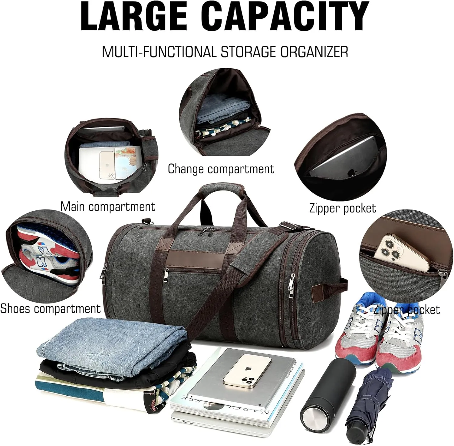 BUG Men Duffle Bag for Travel Canvas Backpack,58L Camping Overnight Bag with Shoes Compartment (Black)