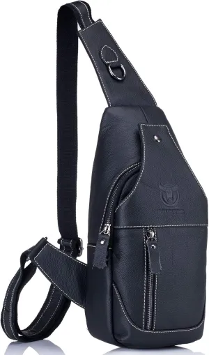 BULLCAPTAIN Genuine Leather Men Sling Crossbody Bag Multi-pocket Chest Bag Casual Travel Hiking Sling Backpack with Earphone Hole (Black)
