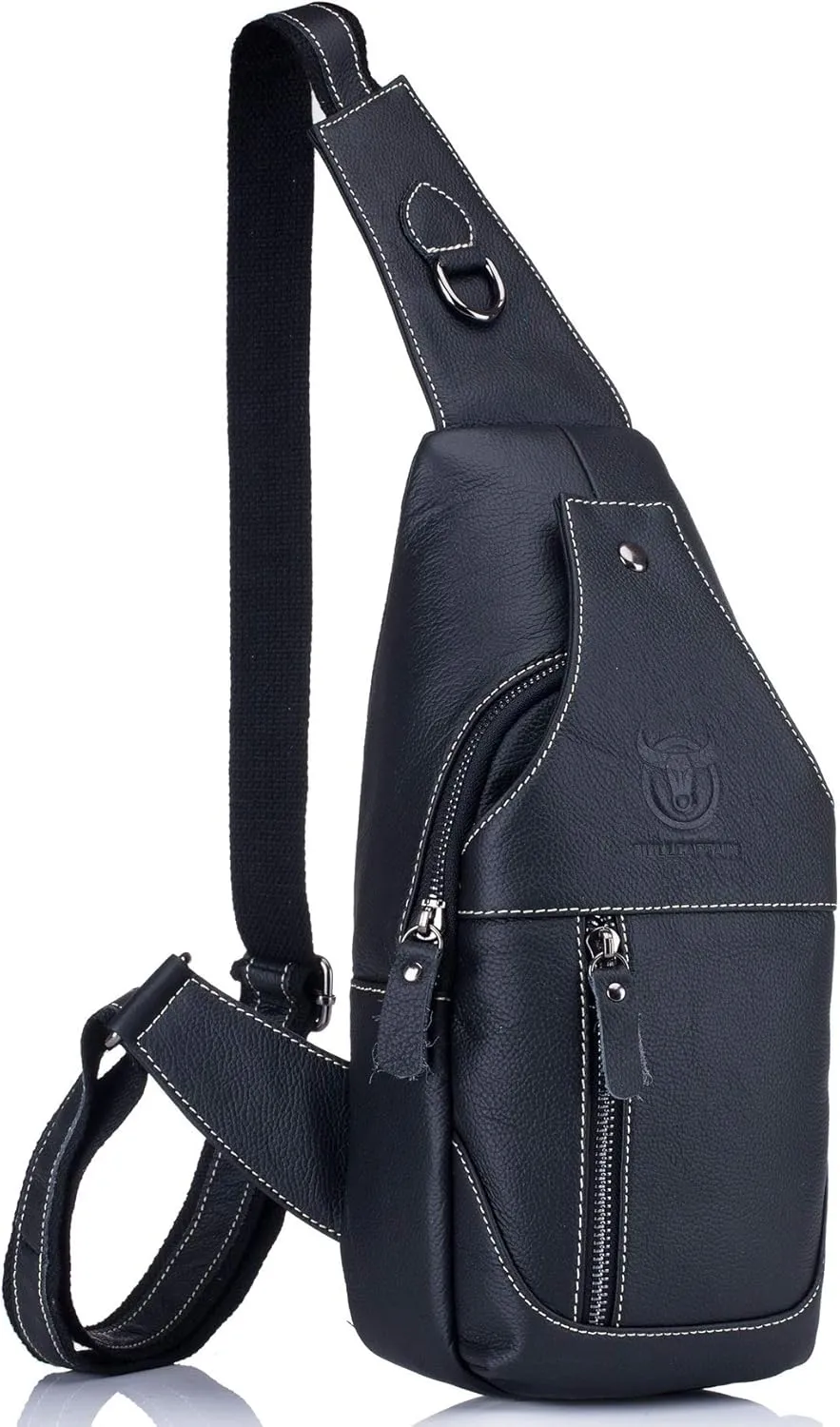 BULLCAPTAIN Genuine Leather Men Sling Crossbody Bag Multi-pocket Chest Bag Casual Travel Hiking Sling Backpack with Earphone Hole (Black)