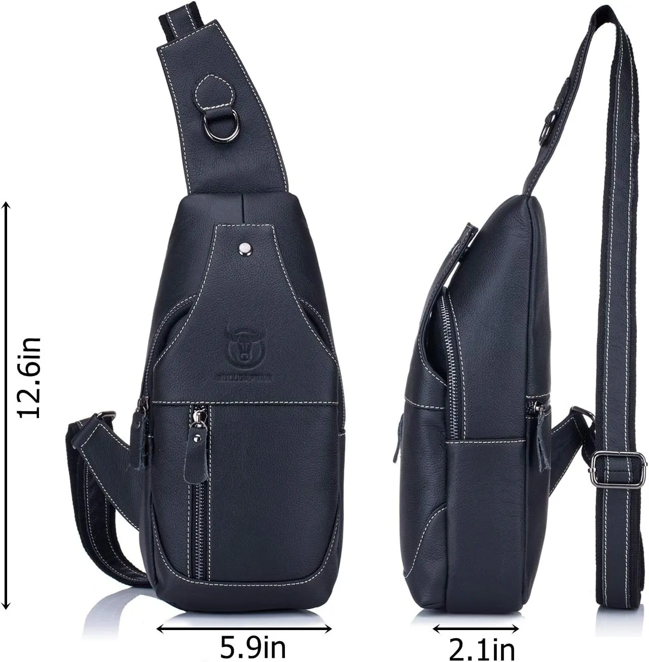 BULLCAPTAIN Genuine Leather Men Sling Crossbody Bag Multi-pocket Chest Bag Casual Travel Hiking Sling Backpack with Earphone Hole (Black)