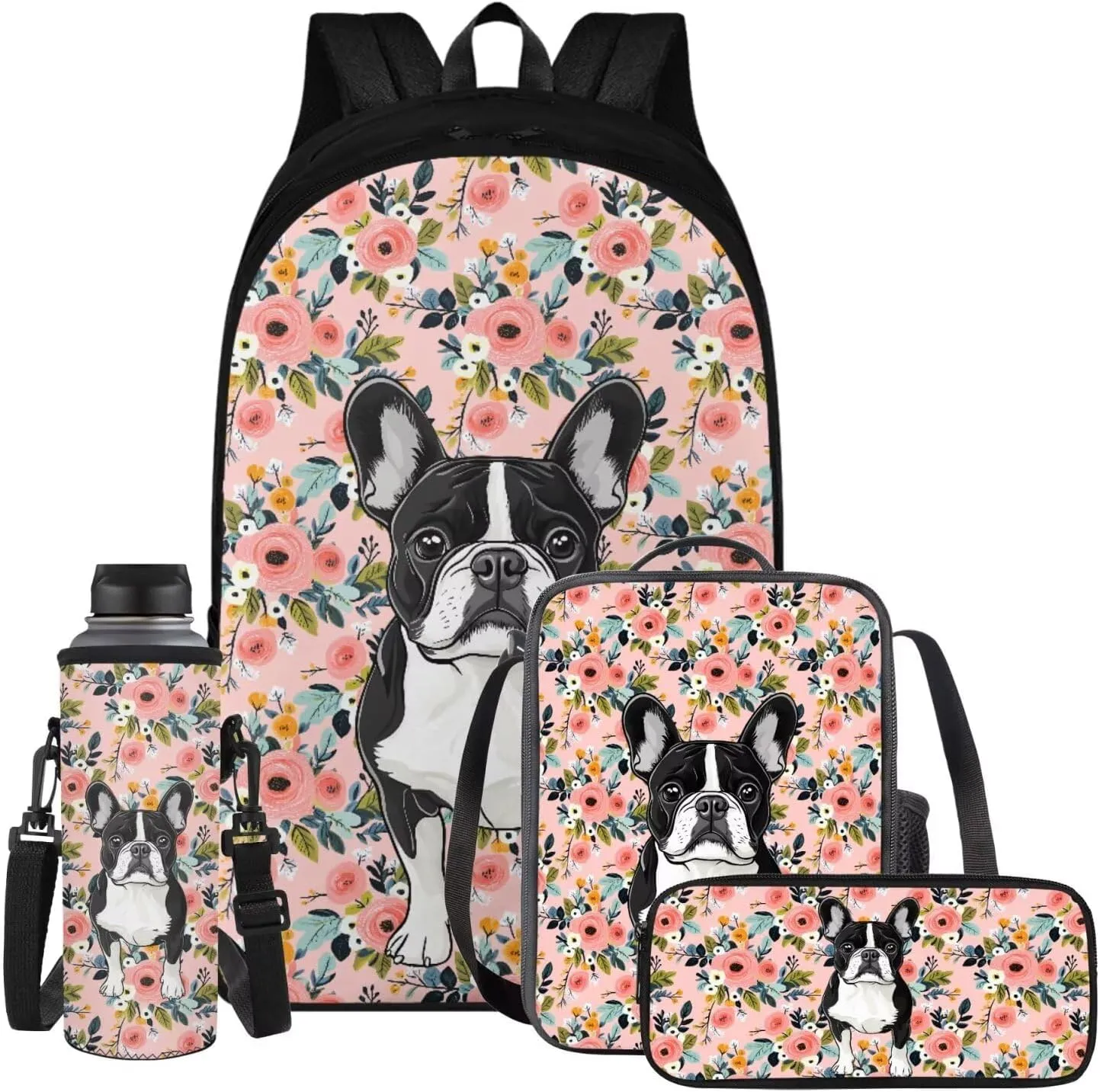 Bulldog Backpacks for School Girls 3rd Grade with Lunch Box Water Bottle Sleeve Pencil Case 4 In 1 Elementary School Bag Set Boys Kids Bookbag Lunch Bag for Travel Camping