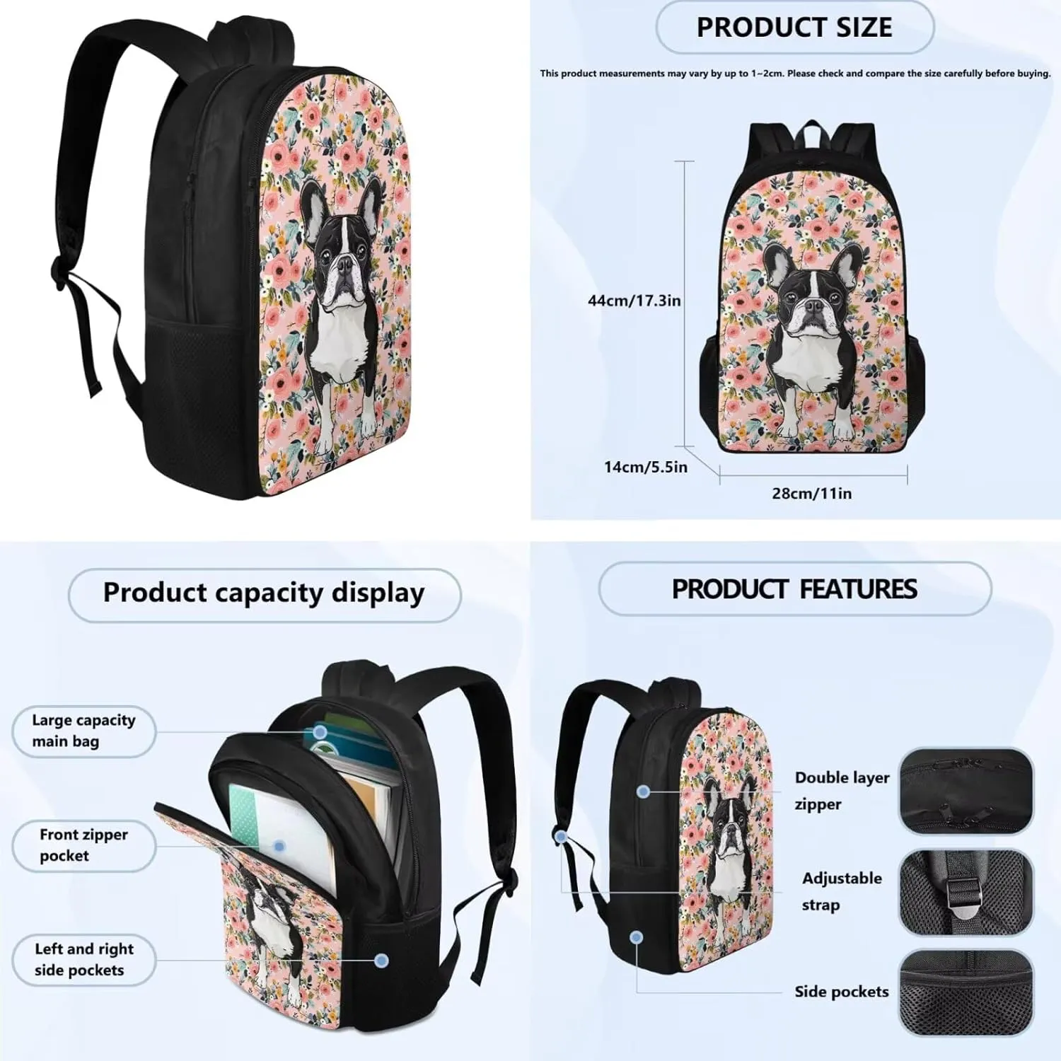 Bulldog Backpacks for School Girls 3rd Grade with Lunch Box Water Bottle Sleeve Pencil Case 4 In 1 Elementary School Bag Set Boys Kids Bookbag Lunch Bag for Travel Camping
