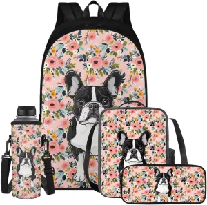 Bulldog Backpacks for School Girls 3rd Grade with Lunch Box Water Bottle Sleeve Pencil Case 4 In 1 Elementary School Bag Set Boys Kids Bookbag Lunch Bag for Travel Camping