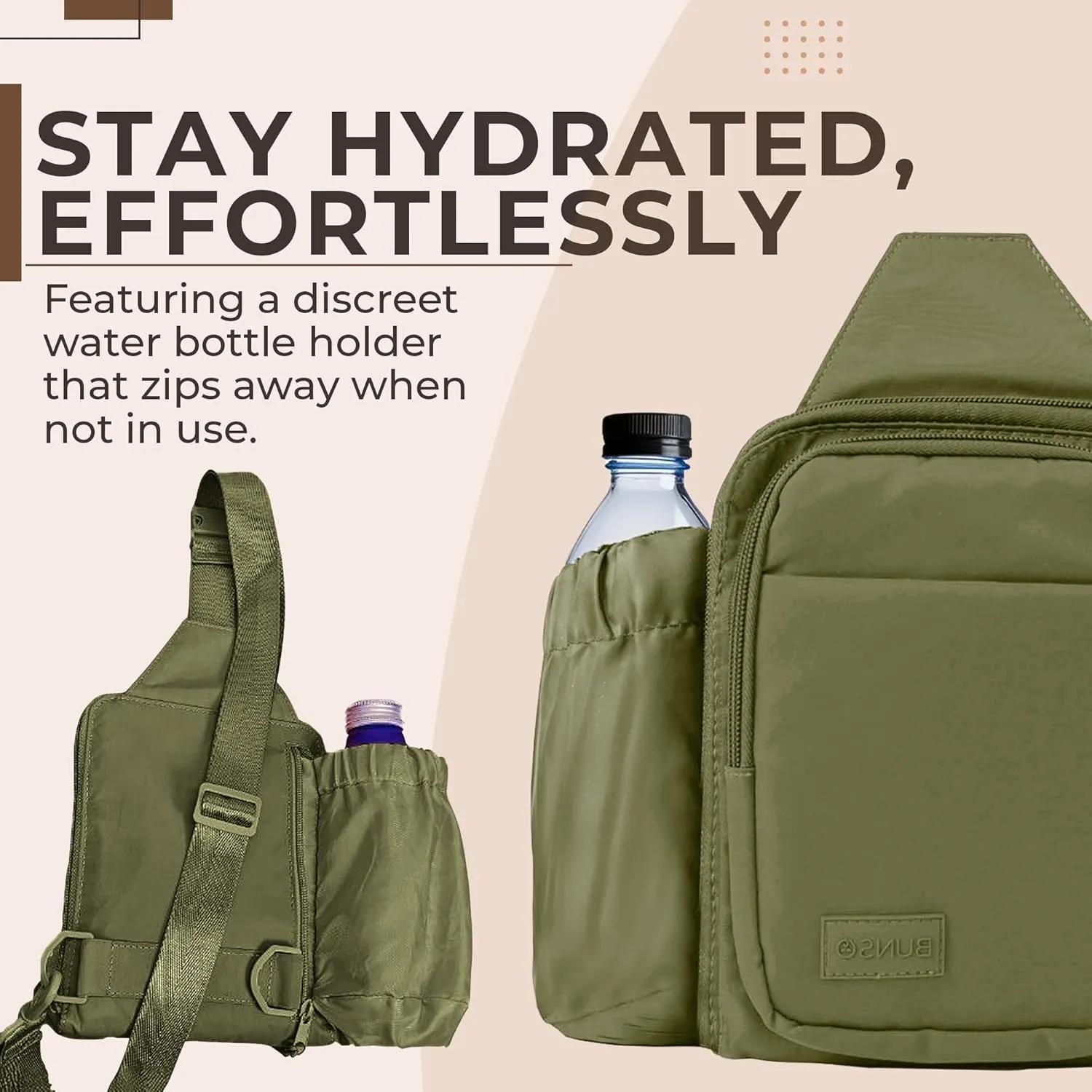 BUNSO Everyday Small Crossbody Bags for Women, Water-Resistant Sling Bag for Men with Waterbottle Holder, 7” x 2.5” x 9”