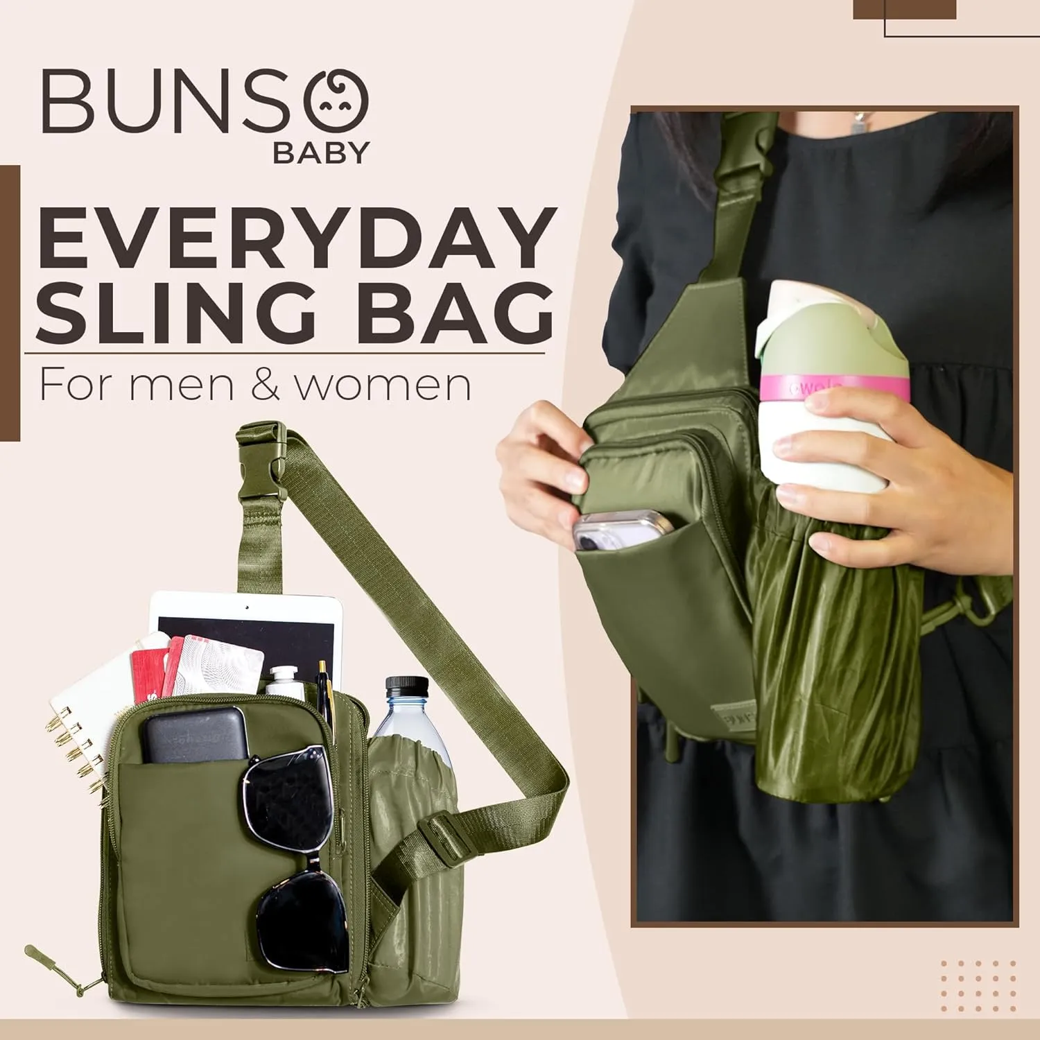BUNSO Everyday Small Crossbody Bags for Women, Water-Resistant Sling Bag for Men with Waterbottle Holder, 7” x 2.5” x 9”