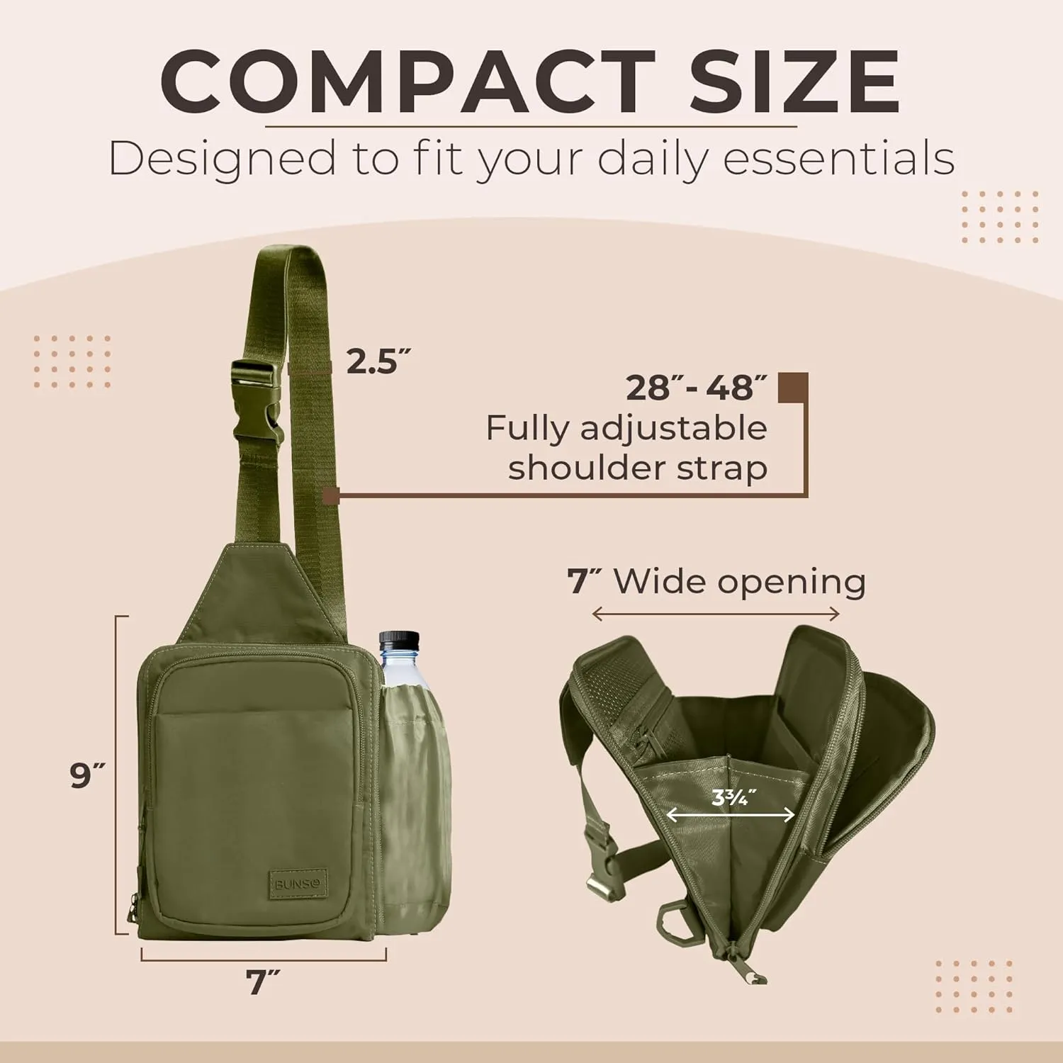 BUNSO Everyday Small Crossbody Bags for Women, Water-Resistant Sling Bag for Men with Waterbottle Holder, 7” x 2.5” x 9”
