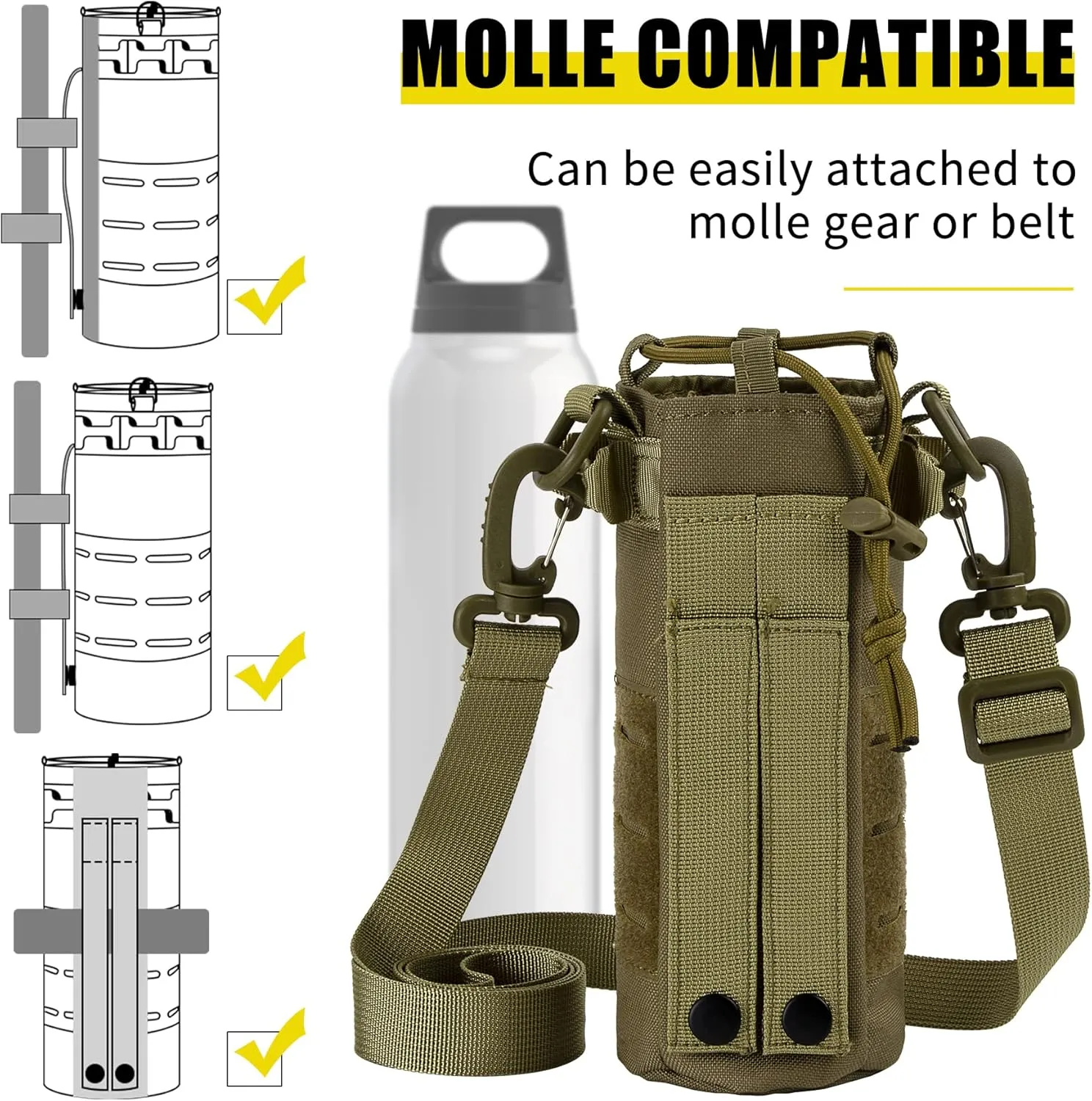 bvya Laser Cut Tactical Molle Water Bottle Holder, Drawstring Top Closure Sports Water Bottle Pouch Carrier with Shoulder Strap for 0.5L-1L Water Bottle