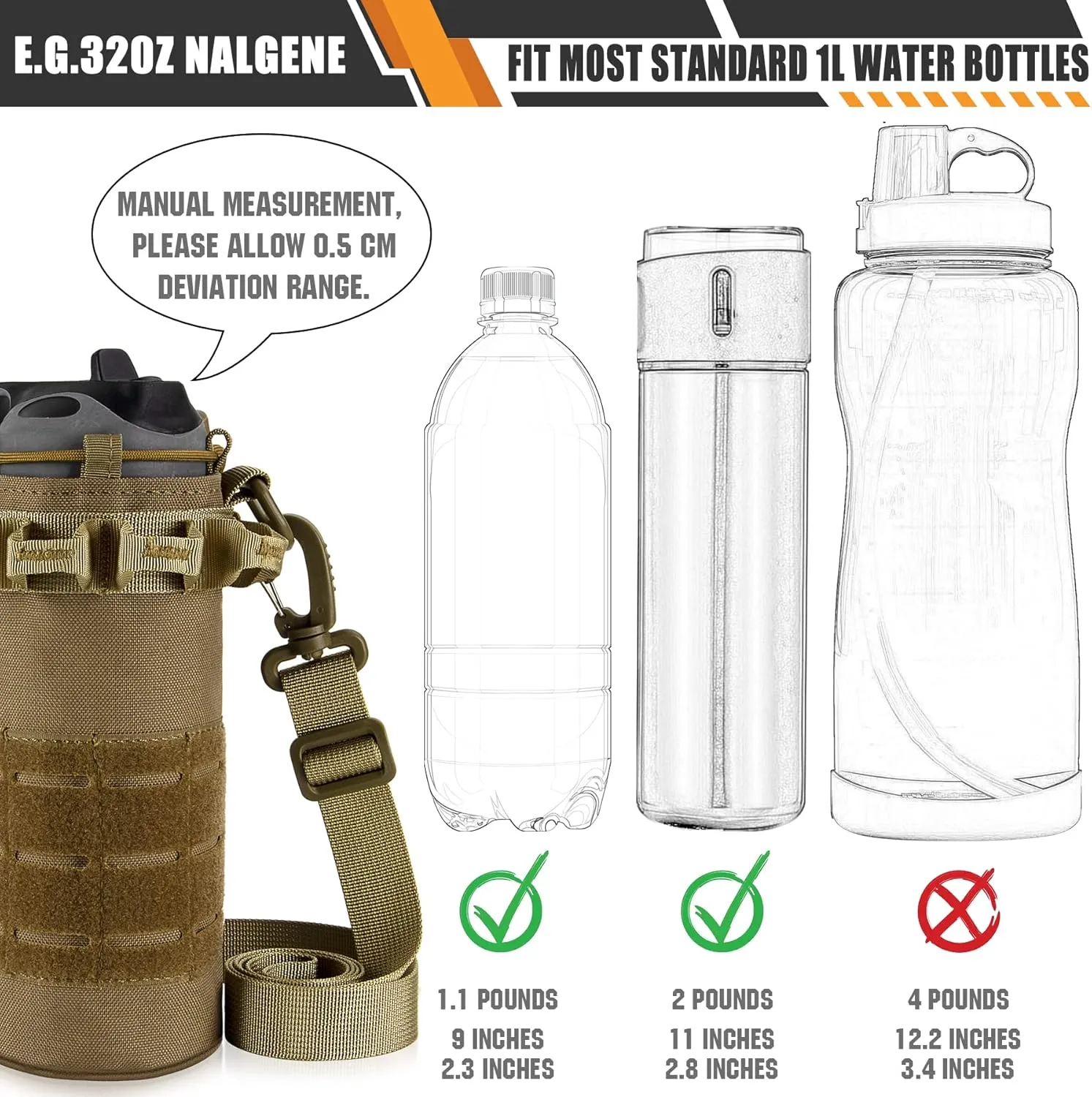 bvya Laser Cut Tactical Molle Water Bottle Holder, Drawstring Top Closure Sports Water Bottle Pouch Carrier with Shoulder Strap for 0.5L-1L Water Bottle