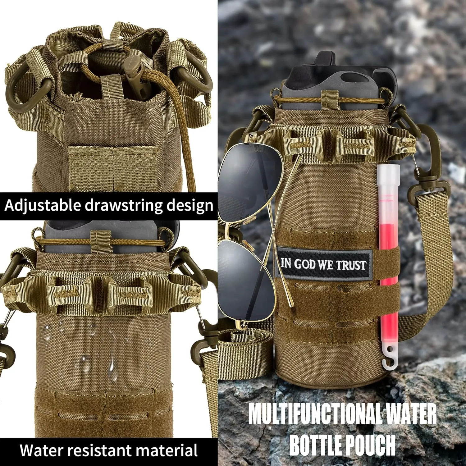 bvya Laser Cut Tactical Molle Water Bottle Holder, Drawstring Top Closure Sports Water Bottle Pouch Carrier with Shoulder Strap for 0.5L-1L Water Bottle