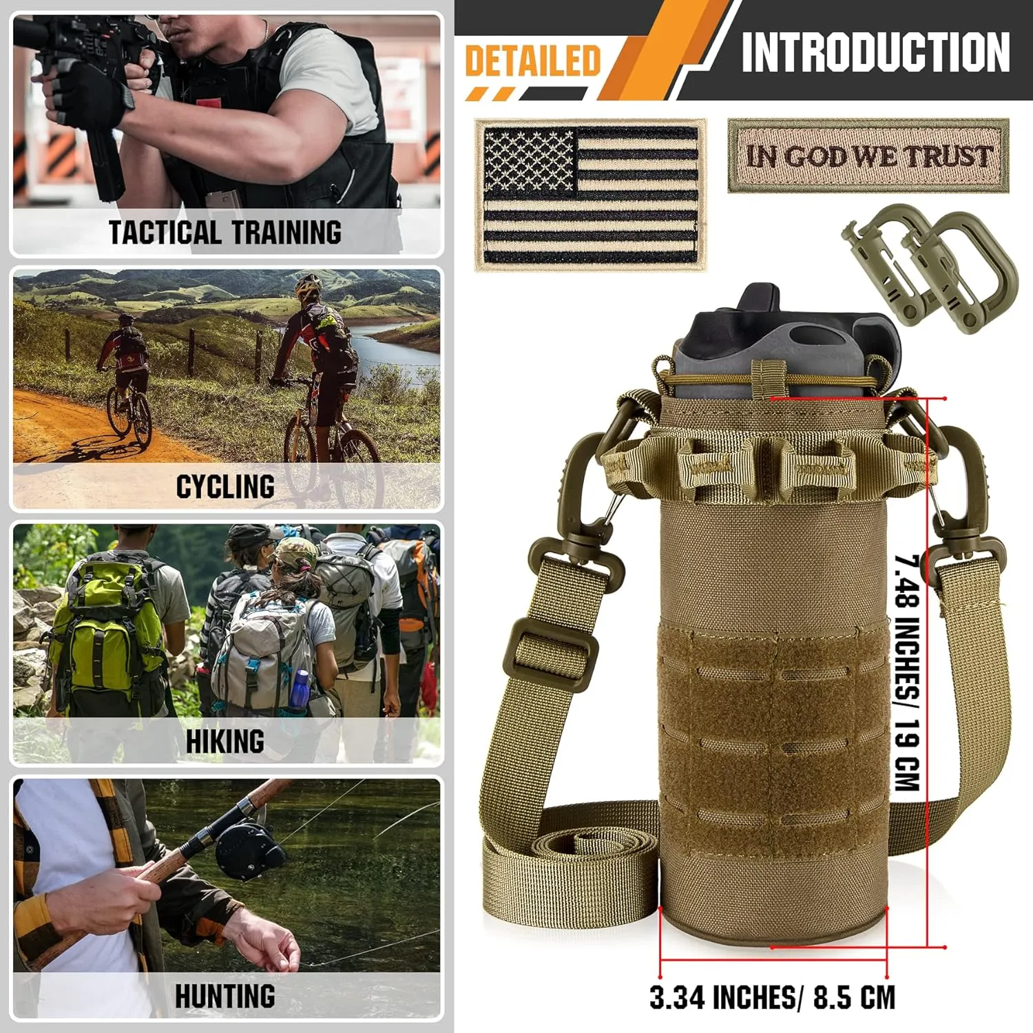 bvya Laser Cut Tactical Molle Water Bottle Holder, Drawstring Top Closure Sports Water Bottle Pouch Carrier with Shoulder Strap for 0.5L-1L Water Bottle