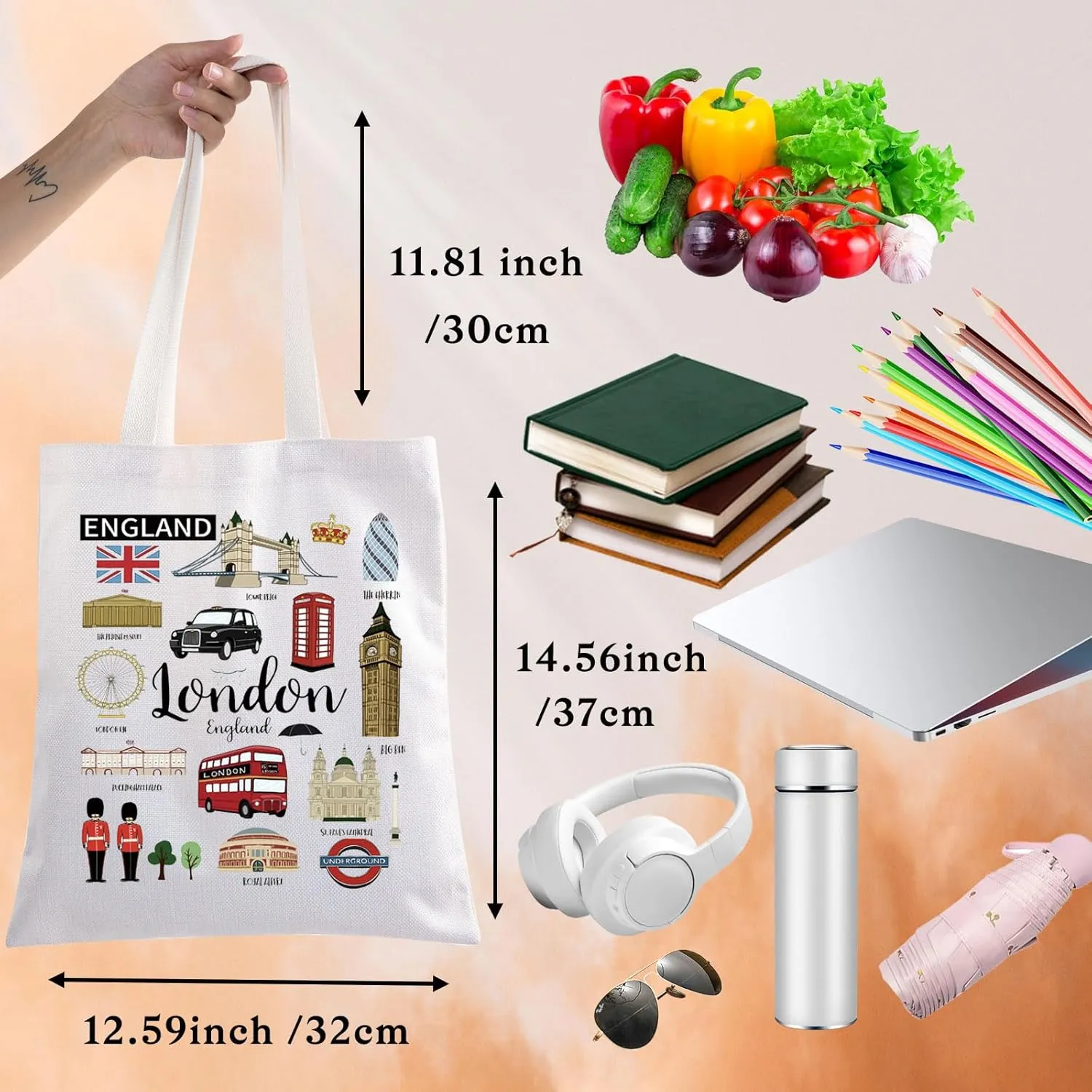 BWKTOP London Canvas Tote Bag - London Souvenirs Gifts - Shoulder & Travel Bag