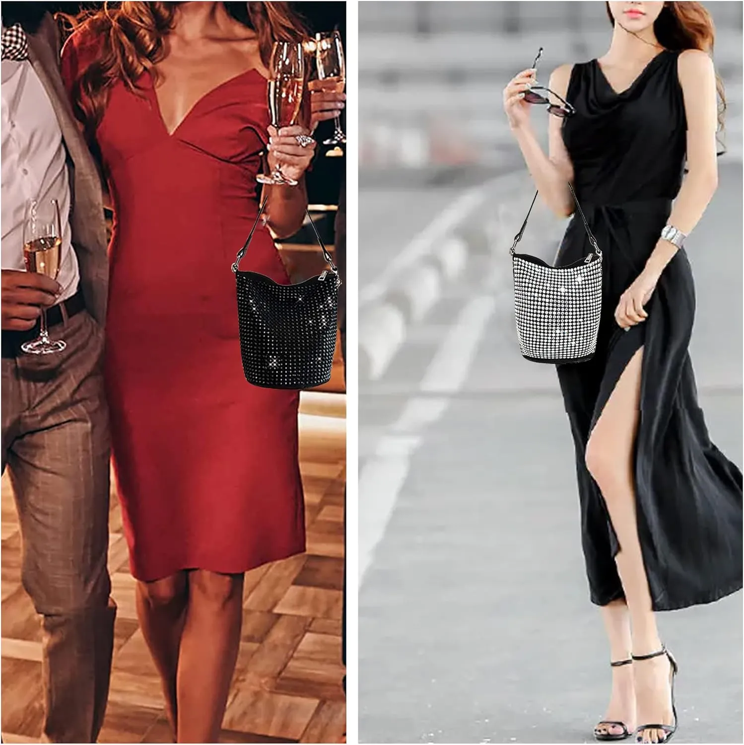 Bydenwely Rhinestone Rivets Bling Bucket Hobo Bag Chic Evening Purse Women Clutch Crossbody Mini Tote for Prom Party