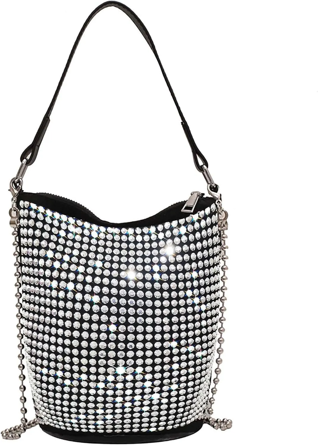 Bydenwely Rhinestone Rivets Bling Bucket Hobo Bag Chic Evening Purse Women Clutch Crossbody Mini Tote for Prom Party