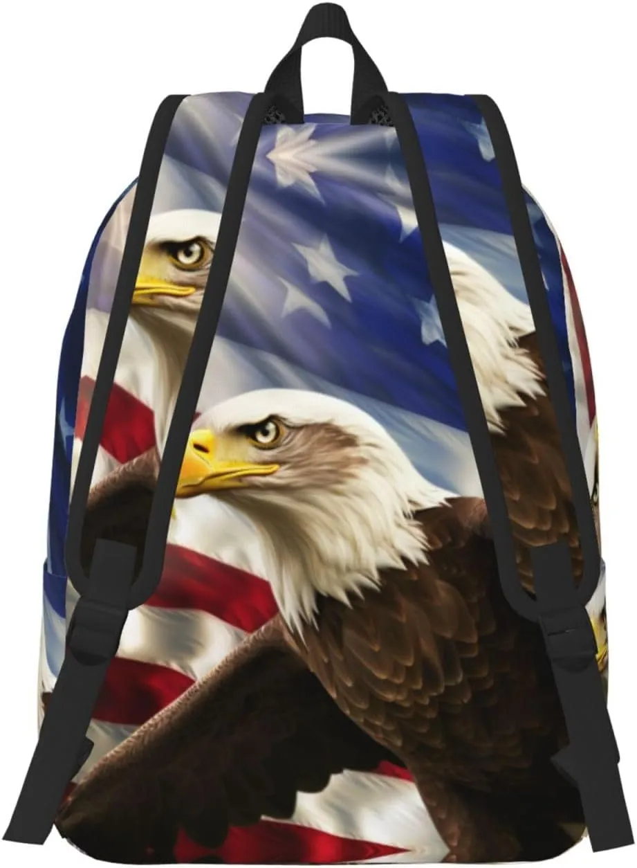 Canvas Backpack for Men Women Laptop Backpack American USA Flag Eagle Art Daypack Travel Rucksack for Work Hiking Medium