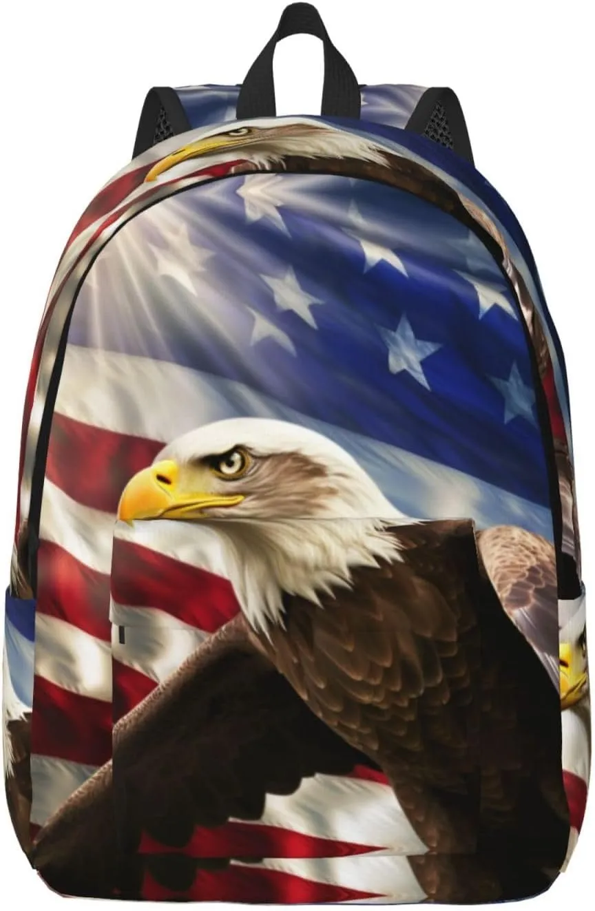 Canvas Backpack for Men Women Laptop Backpack American USA Flag Eagle Art Daypack Travel Rucksack for Work Hiking Medium
