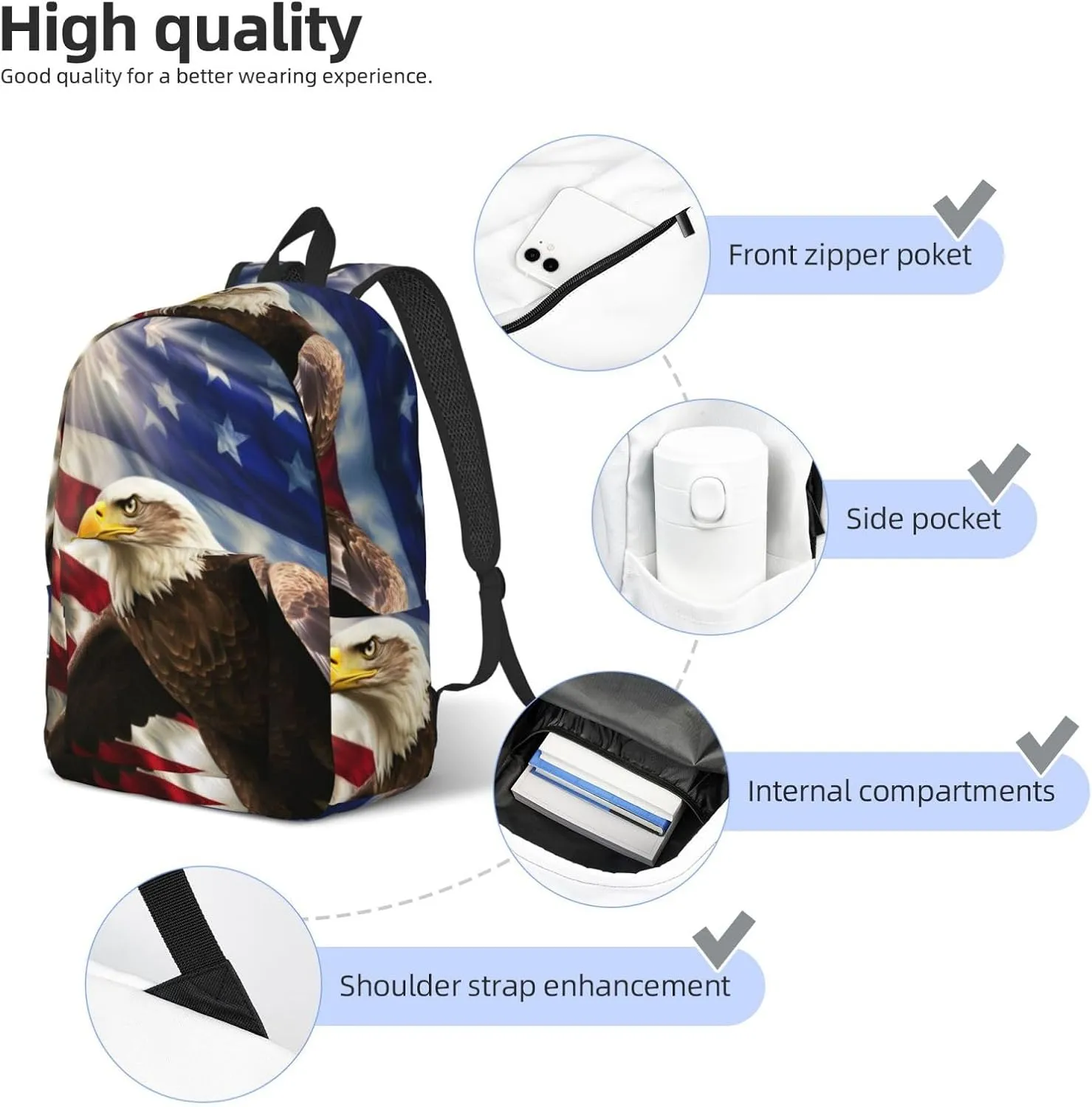 Canvas Backpack for Men Women Laptop Backpack American USA Flag Eagle Art Daypack Travel Rucksack for Work Hiking Medium