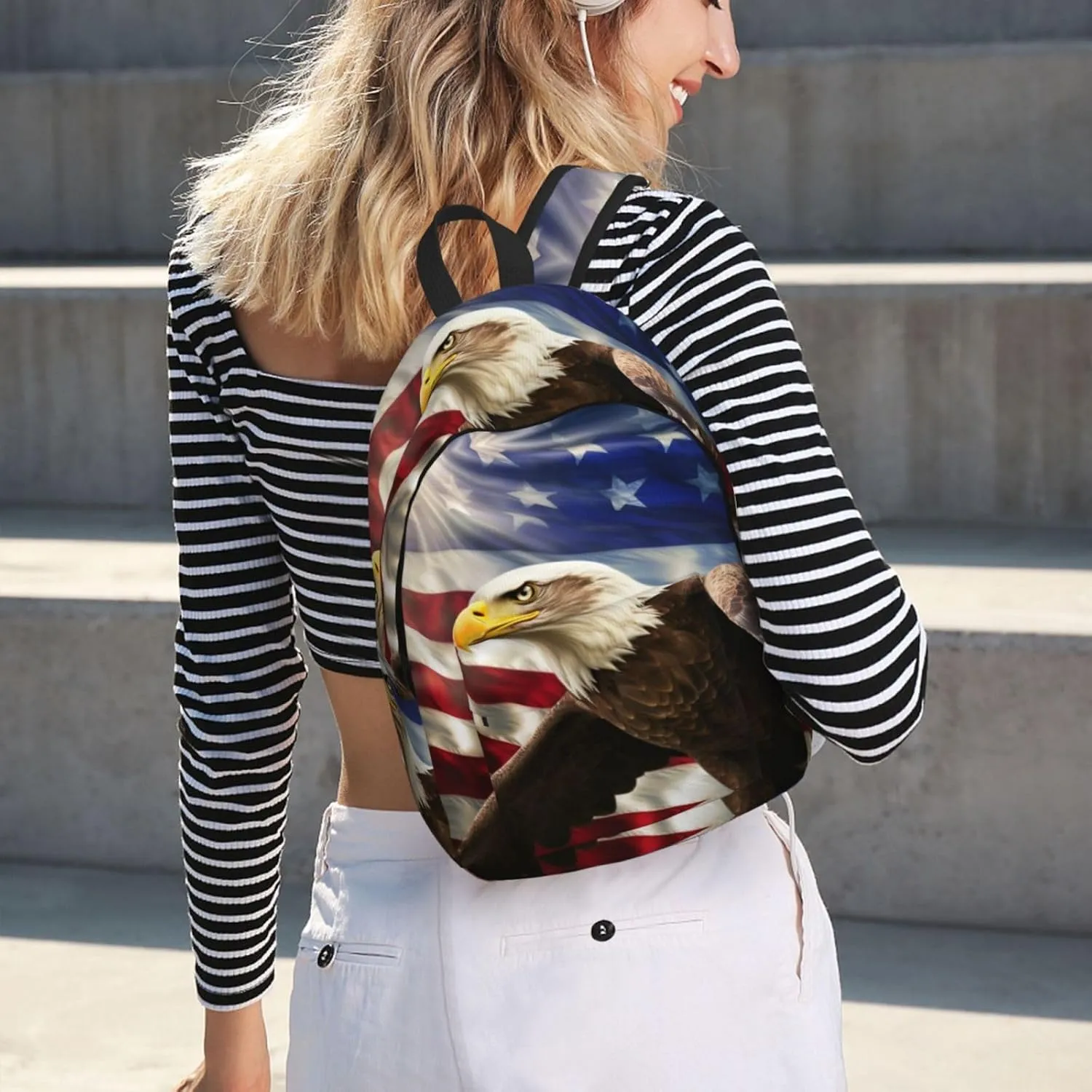 Canvas Backpack for Men Women Laptop Backpack American USA Flag Eagle Art Daypack Travel Rucksack for Work Hiking Medium
