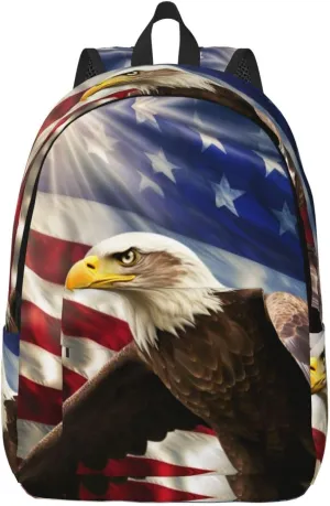 Canvas Backpack for Men Women Laptop Backpack American USA Flag Eagle Art Daypack Travel Rucksack for Work Hiking Medium