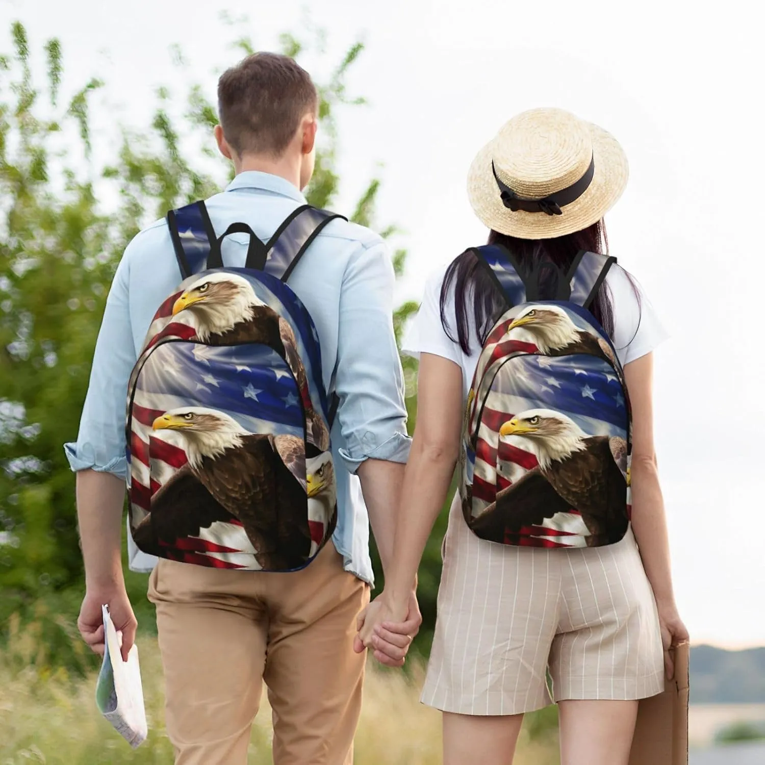 Canvas Backpack for Men Women Laptop Backpack American USA Flag Eagle Art Daypack Travel Rucksack for Work Hiking Medium