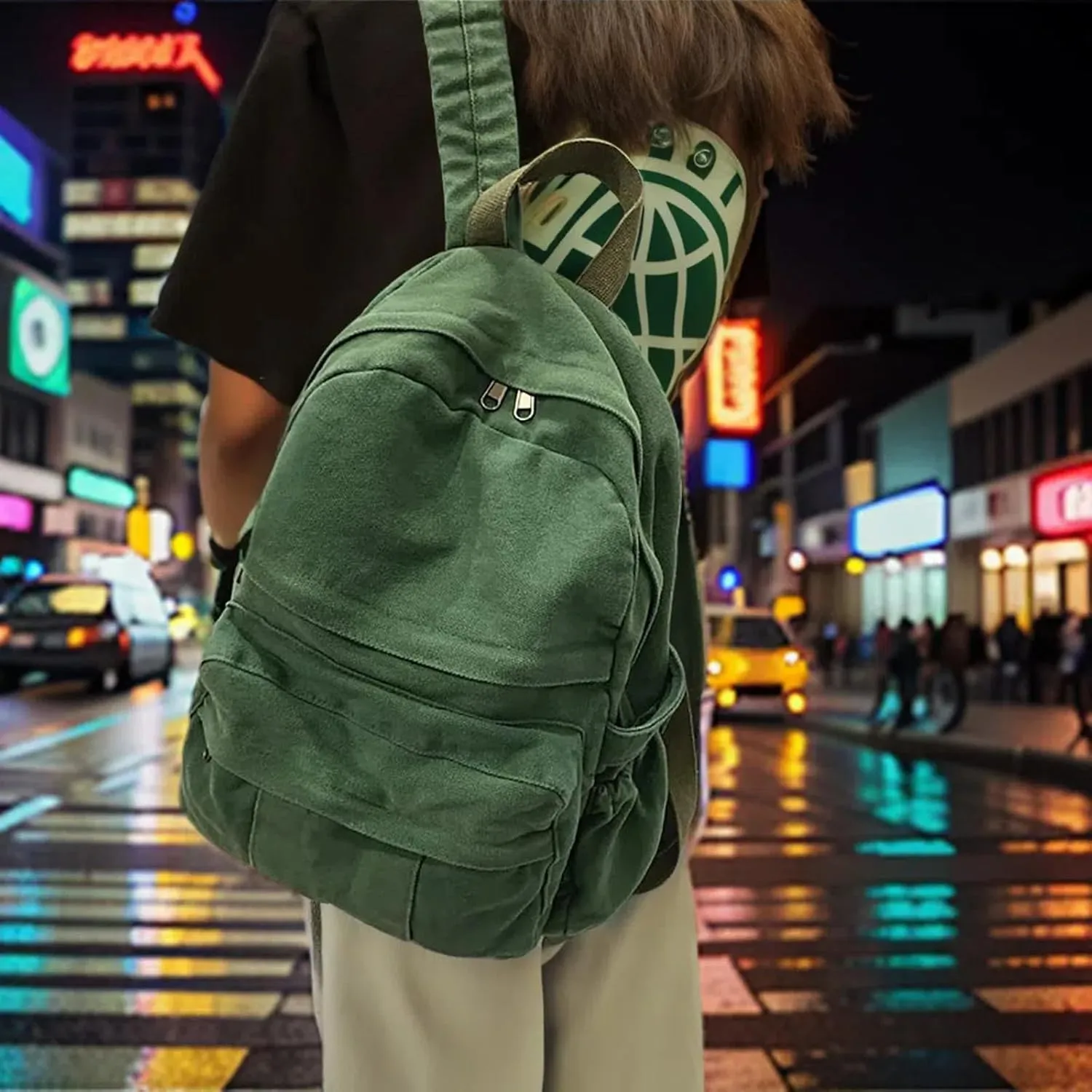 Canvas Backpack for Women Cute Backpack for Women Vintage Laptop Aesthetic Knapsack-Green