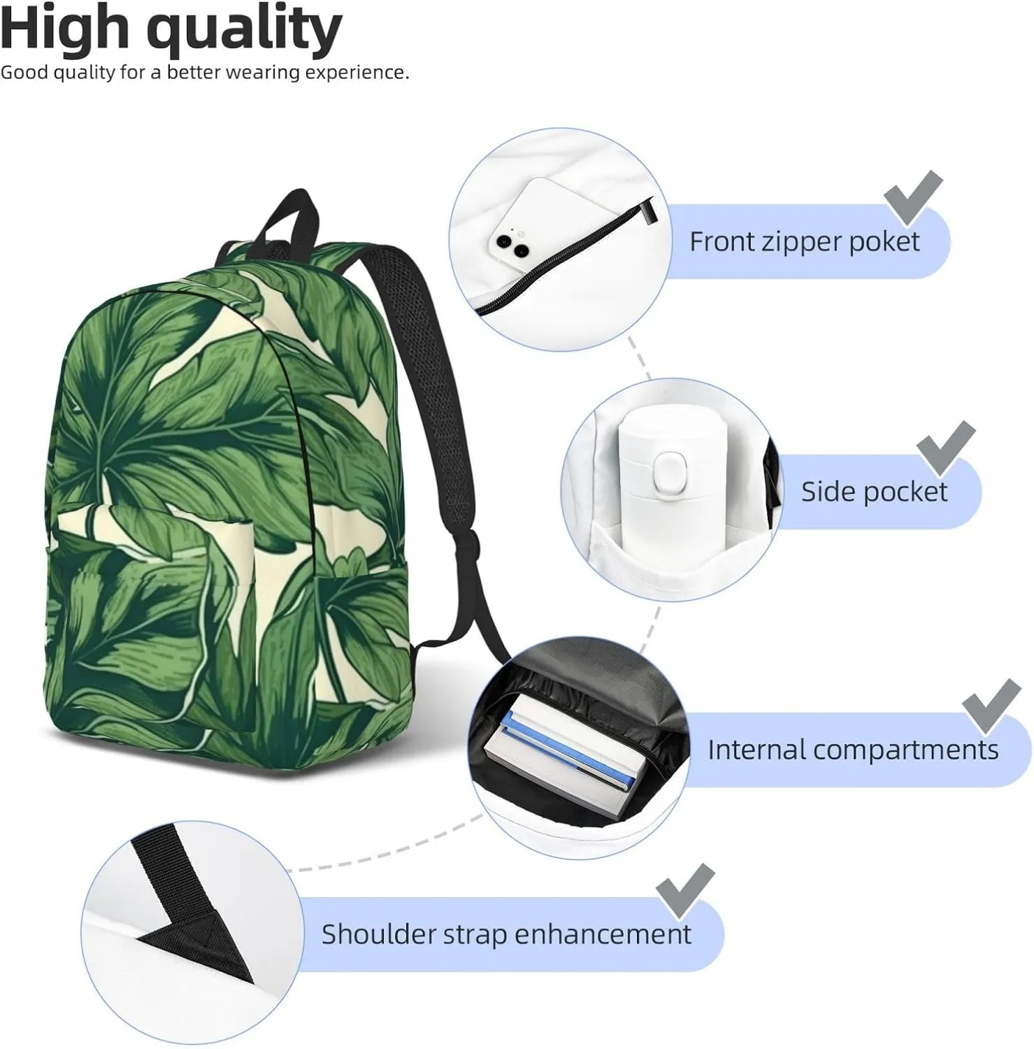 Canvas Backpack Green Foliage Botanical Travel Laptop Backpack Casual Daypack Carry On Rucksack for Men Women Small
