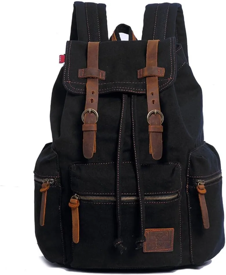 Canvas Backpack Unisex Vintage Casual Rucksack 17 inch Laptop Daypacks Schoolbag College Bookbag Hiking Camping Travel Bag Black