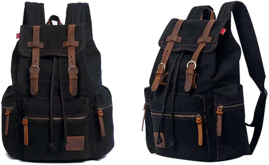 Canvas Backpack Unisex Vintage Casual Rucksack 17 inch Laptop Daypacks Schoolbag College Bookbag Hiking Camping Travel Bag Black