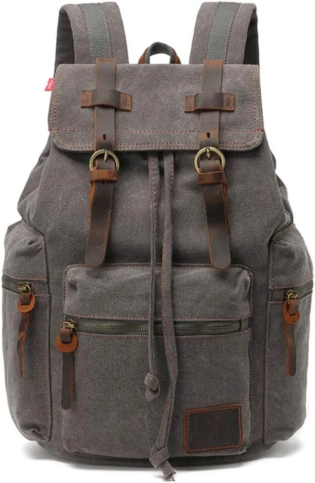 Canvas Backpack Unisex Vintage Casual Rucksack 17 inch Laptop Daypacks Schoolbag College Bookbag Hiking Camping Travel Bag Grey