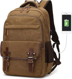 Canvas Backpack with USB Charging Port, Vintage Daypack for Men Women, Brown Travel Work Rucksack College Computer Bag Bookbag Fits 15.6 Inch Laptop, Brown