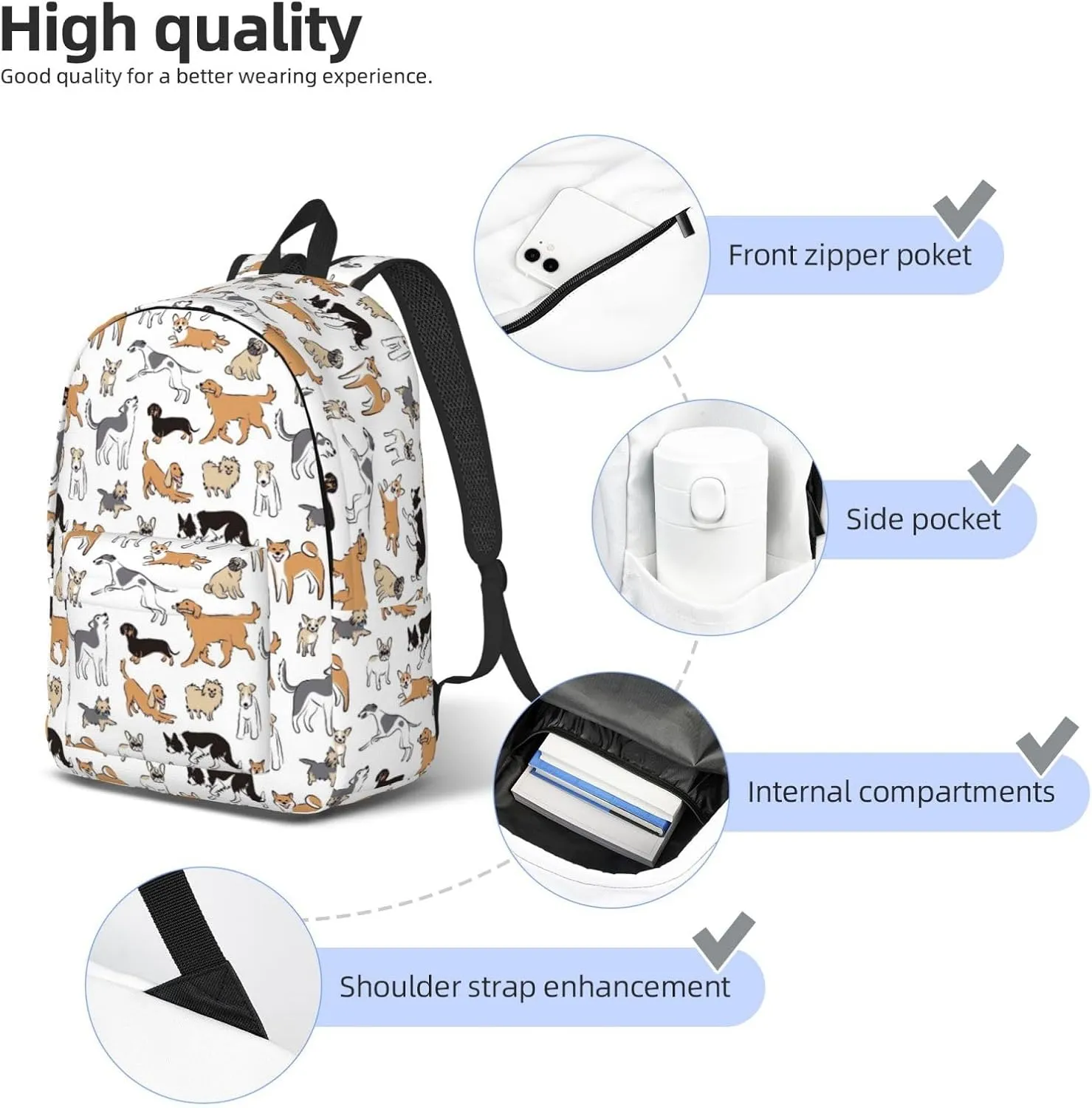 Canvas Casual Backpack Laptop Bag Suitable for Travel Office Outdoor Sports Men and Women Cute Dog
