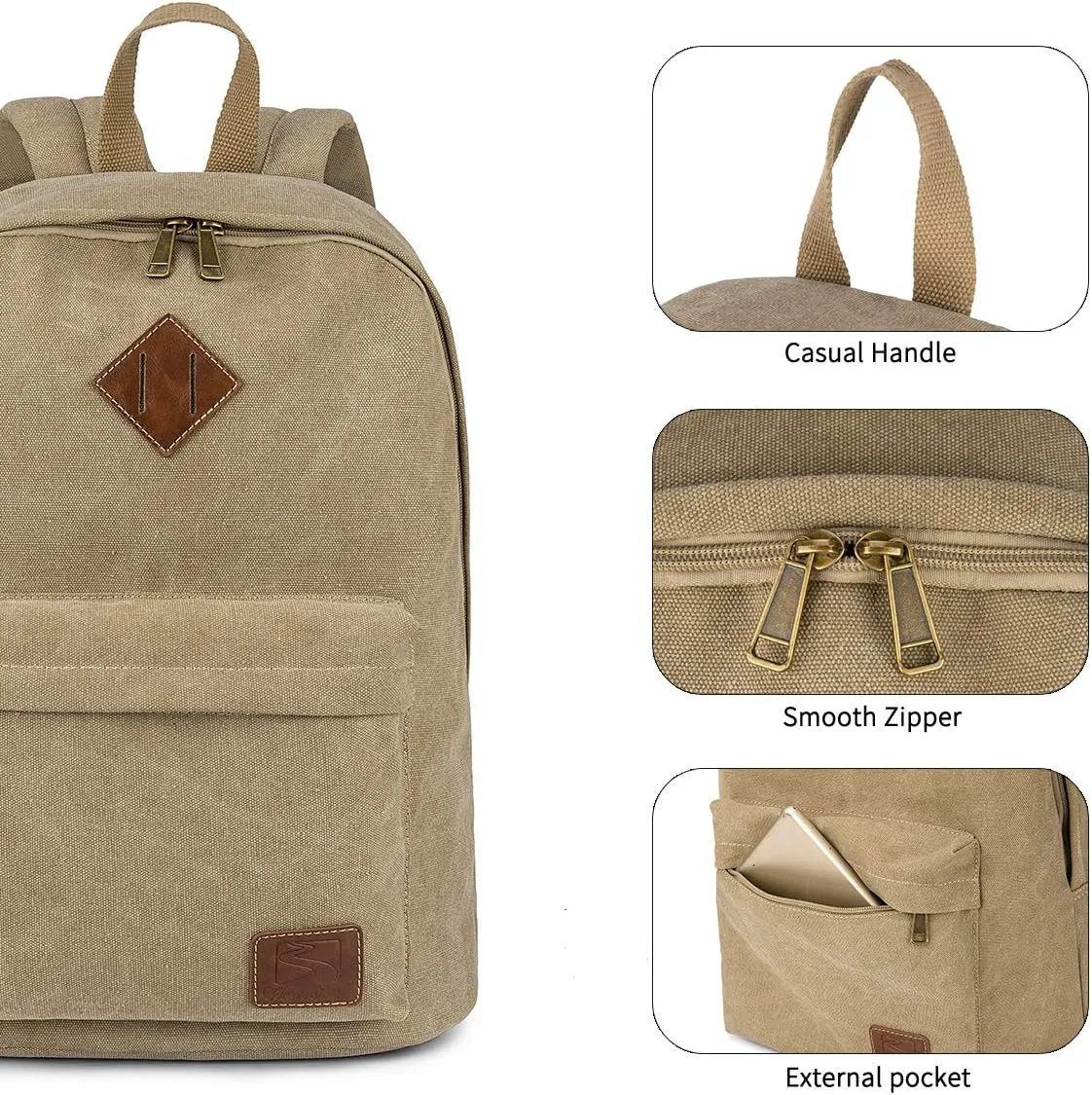 Canvas College Laptop Backpack, Durable Rucksack, Travel Bag Fits 15.6 Inch Notebook for Men Women, Khaki